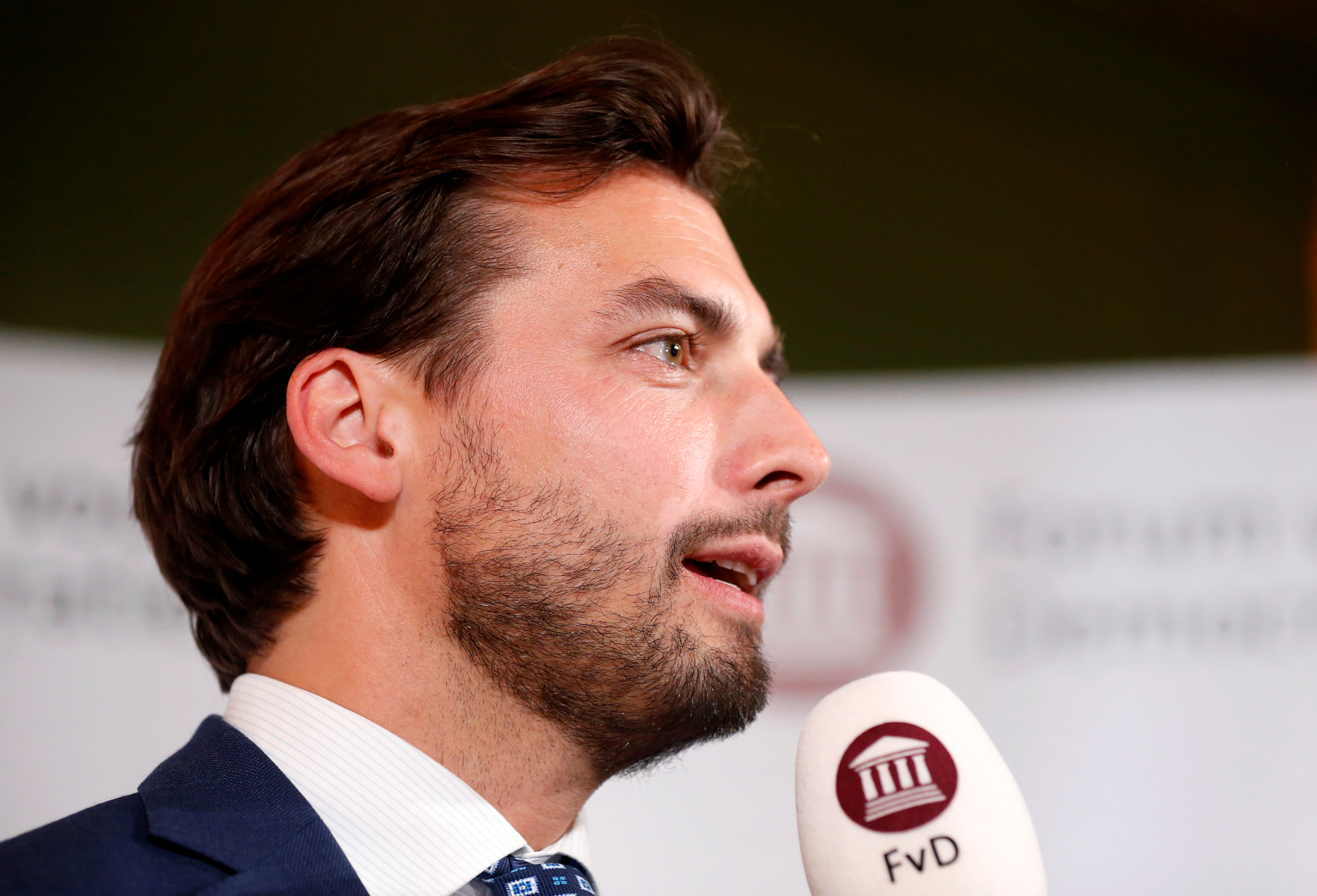 Dutch politician Thierry Baudet of the Forum for Democracy speaks after announcement of exit polls results of European elections in Amsterdam