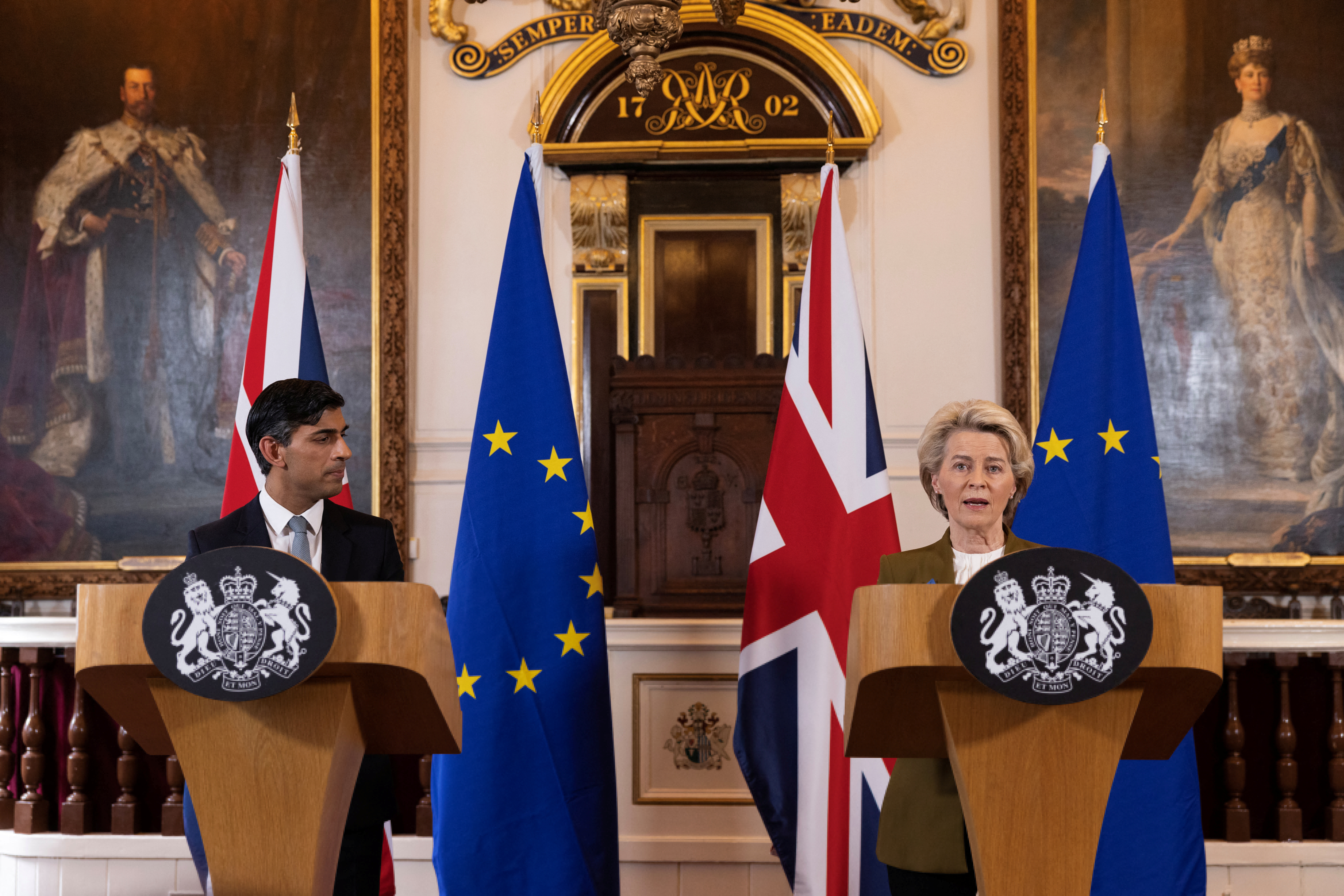 British Prime Minister Rishi Sunak and European Commission President Ursula von der Leyen hold a news conference at Windsor Guildhall