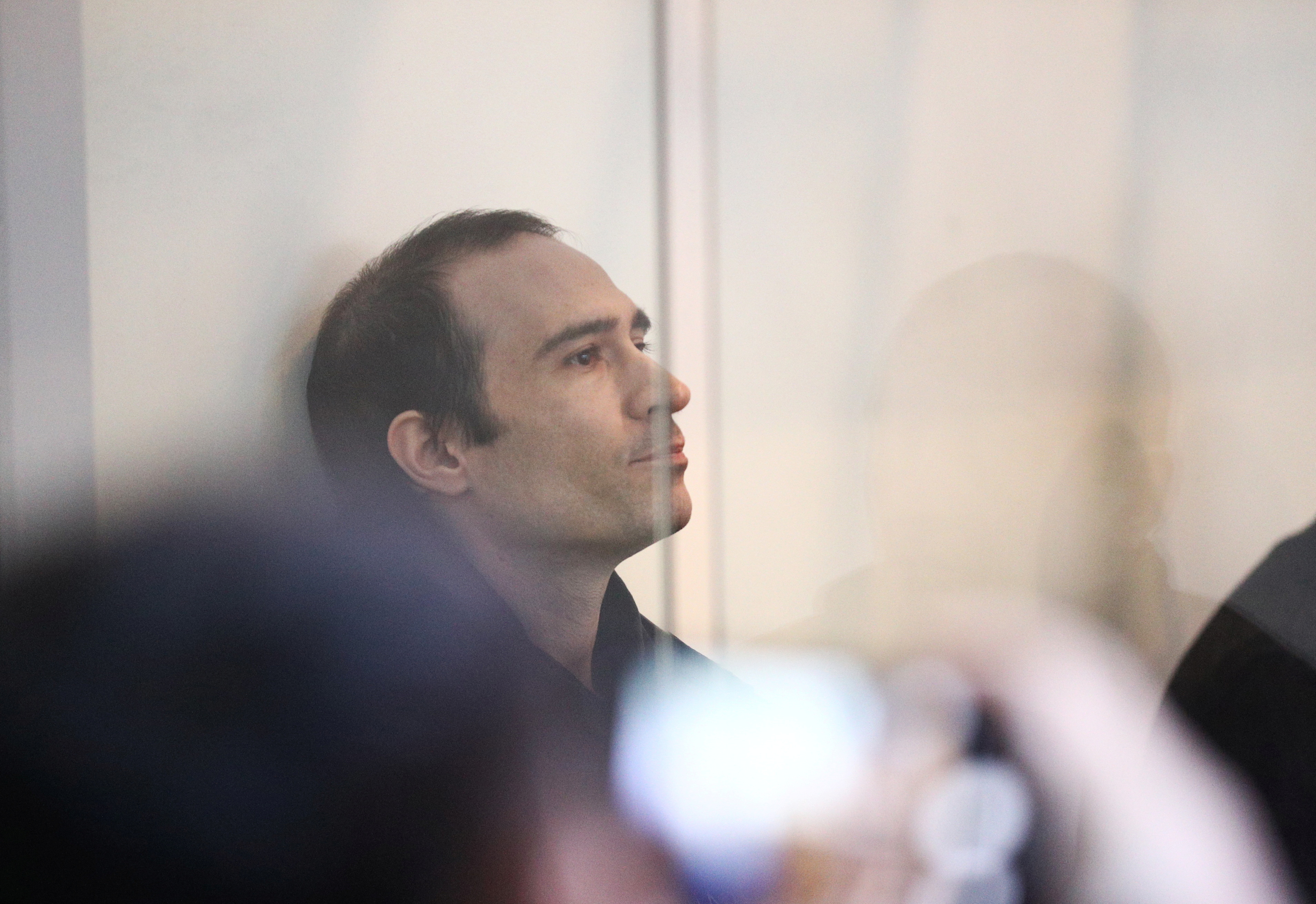 French national Martin Ryan, accused of espionage, attends a court hearing in Baku
