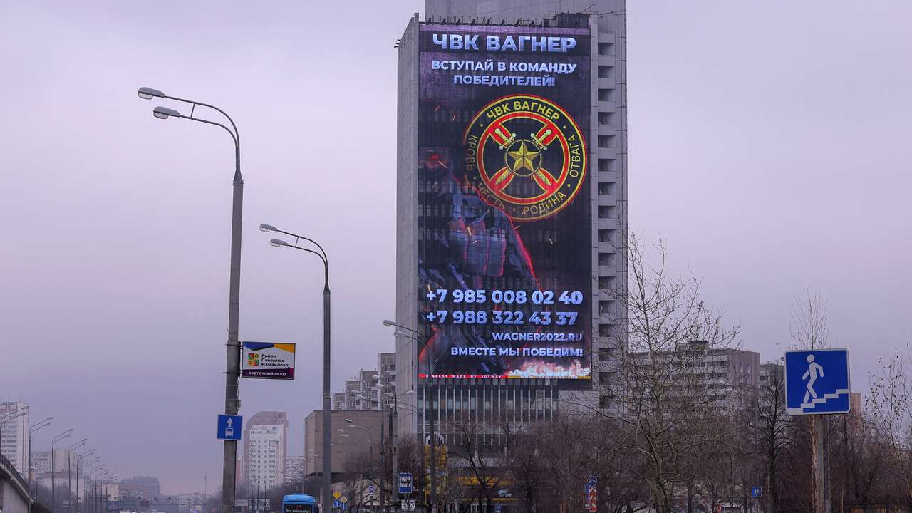 FILE PHOTO: An advertisement of Wagner mercenary group is on display in Moscow
