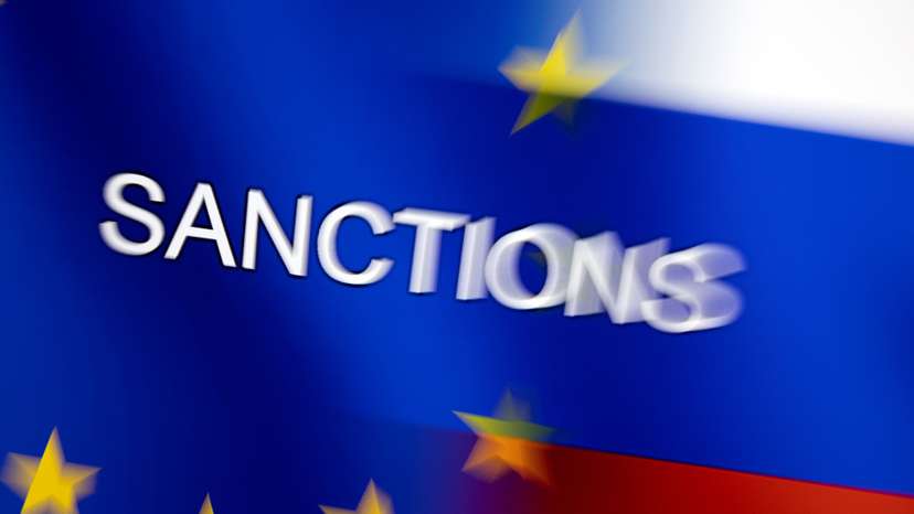 Illustration shows word "Sanctions" displayed on EU and Russian flags