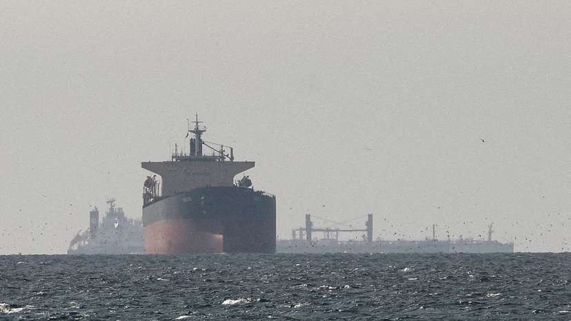 FILE PHOTO: Cargo ships in the Gulf, near the Strait of Hormuz