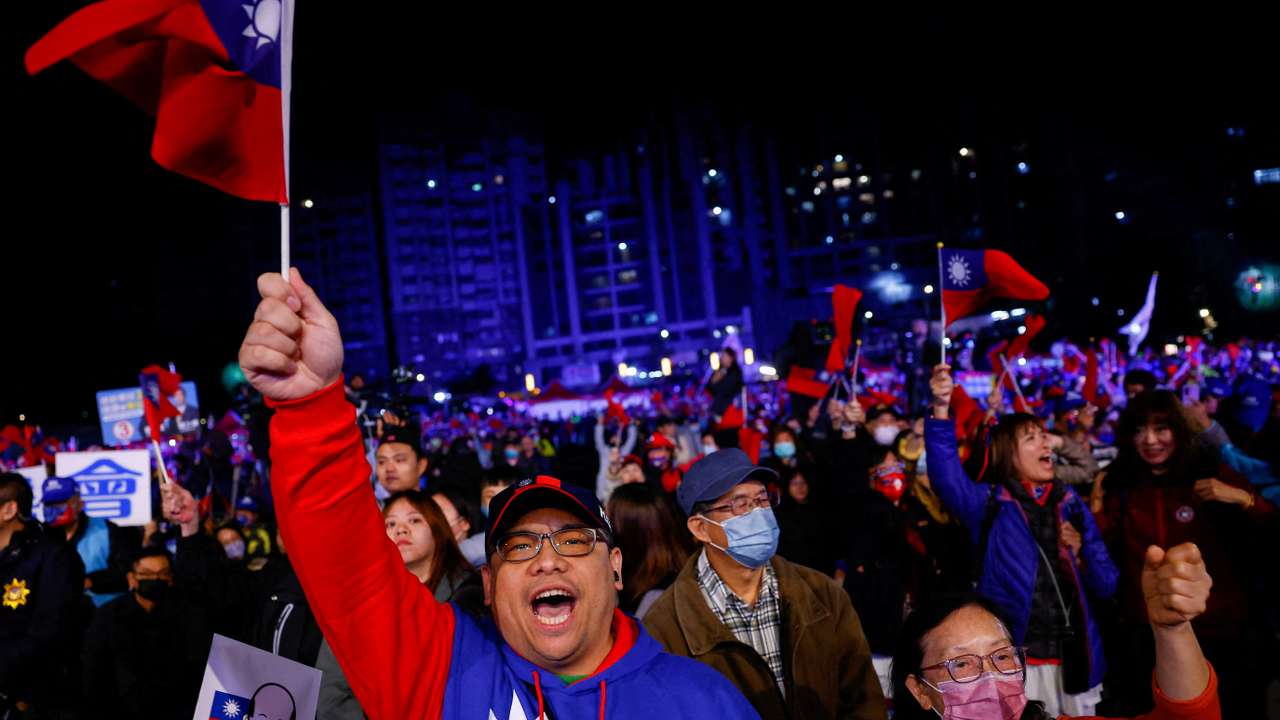 Supporters of Hou Yu-ih, a candidate for Taiwan's presidency from the main opposition party Kuomintang (KMT), attend a campaign event in Keelung