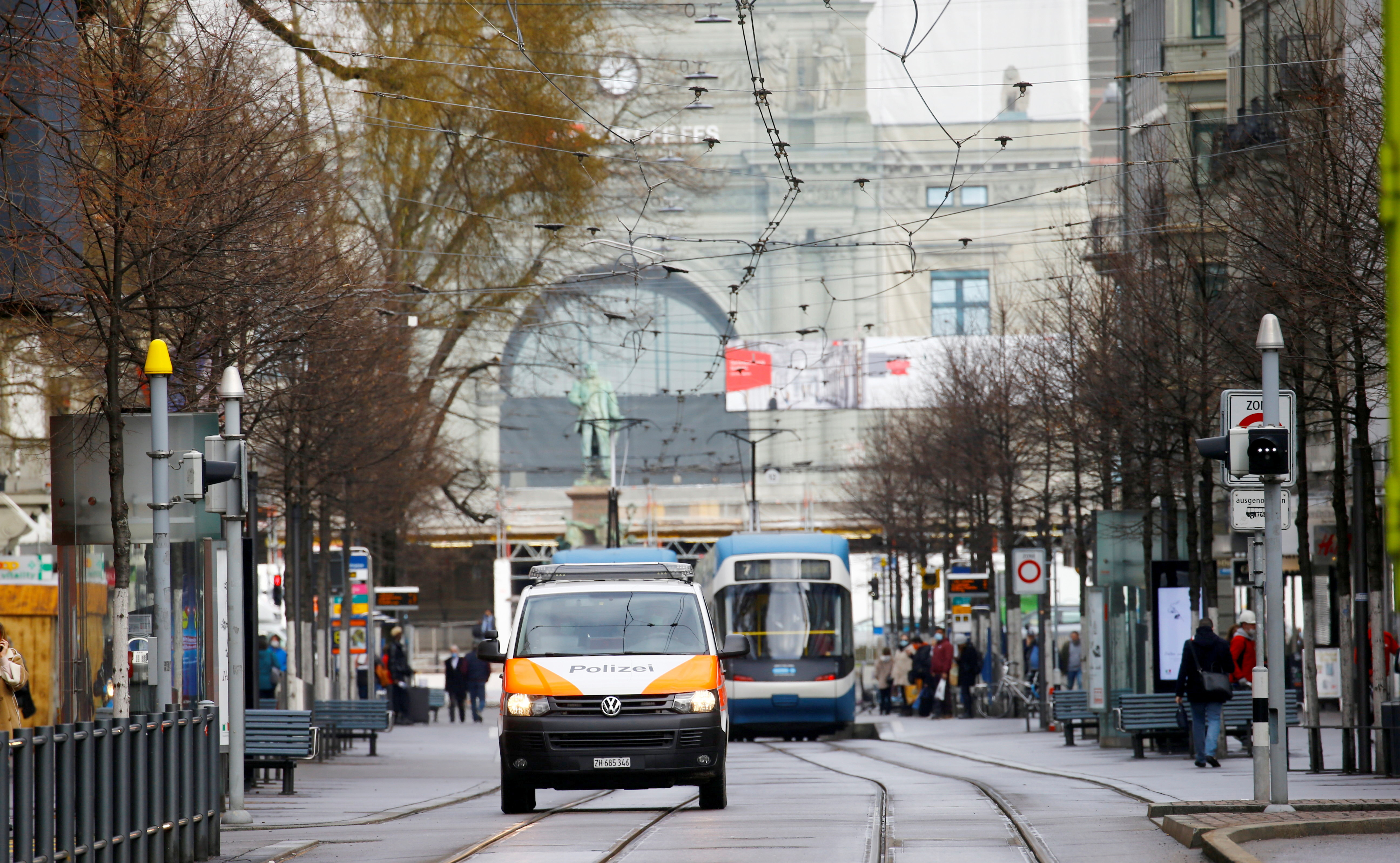 A Swiss police van is seen on a street in Zurich