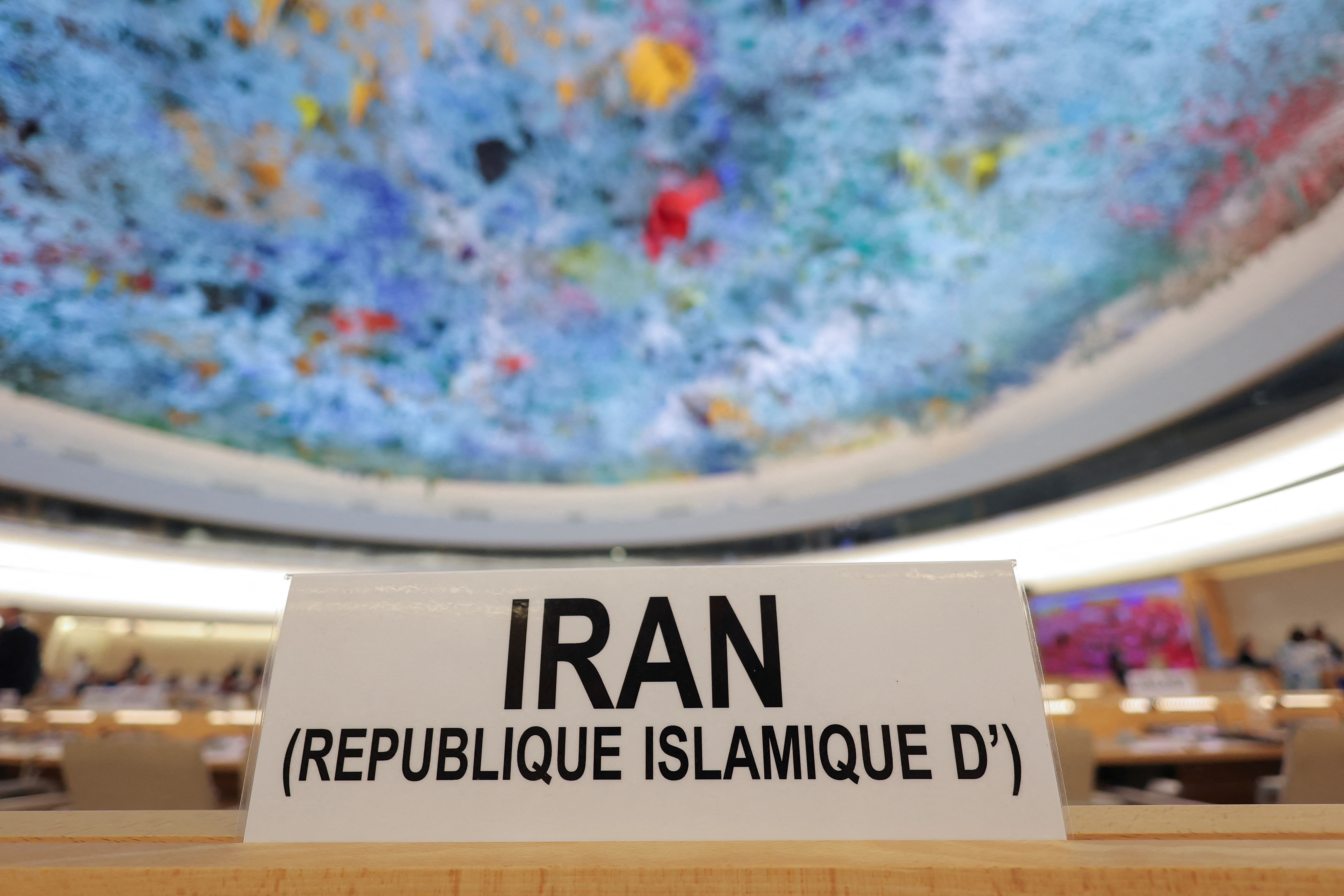 The sign at Iran's representative seat is placed in the room before a special session of the Human Rights Council at the United Nations in Geneva