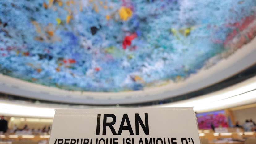The sign at Iran's representative seat is placed in the room before a special session of the Human Rights Council at the United Nations in Geneva