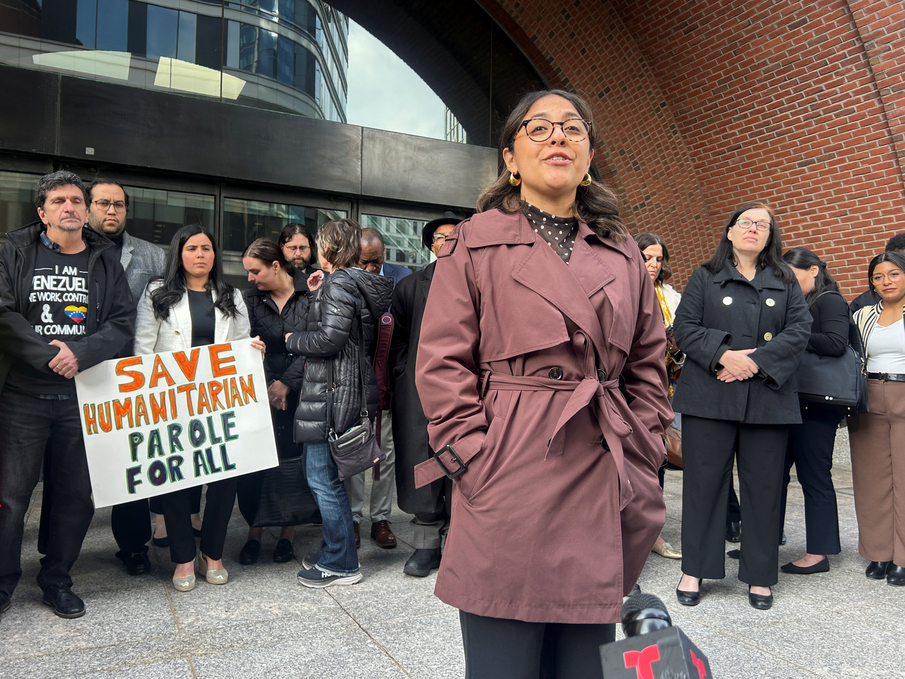Flores-Perilla, a lawyer with the immigrant rights group Justice Action Center, speaks with reporters about a lawsuit challenging U.S. President Donald Trump's administration's plans to end humanitarian parole programs for migrants