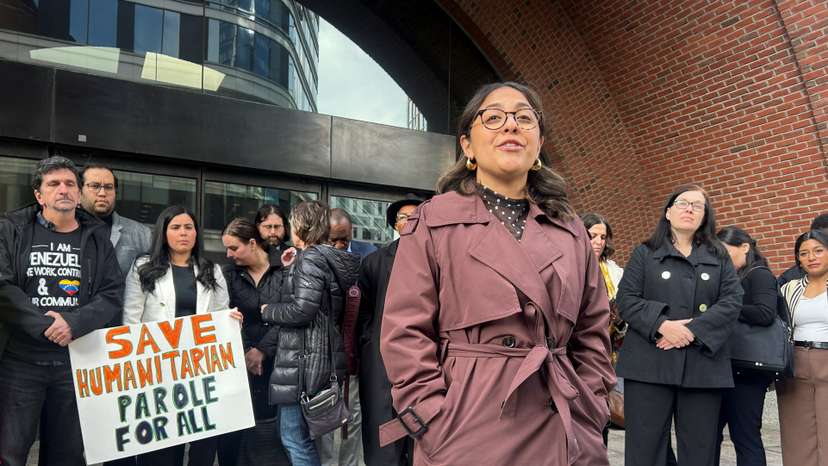 Flores-Perilla, a lawyer with the immigrant rights group Justice Action Center, speaks with reporters about a lawsuit challenging U.S. President Donald Trump's administration's plans to end humanitarian parole programs for migrants