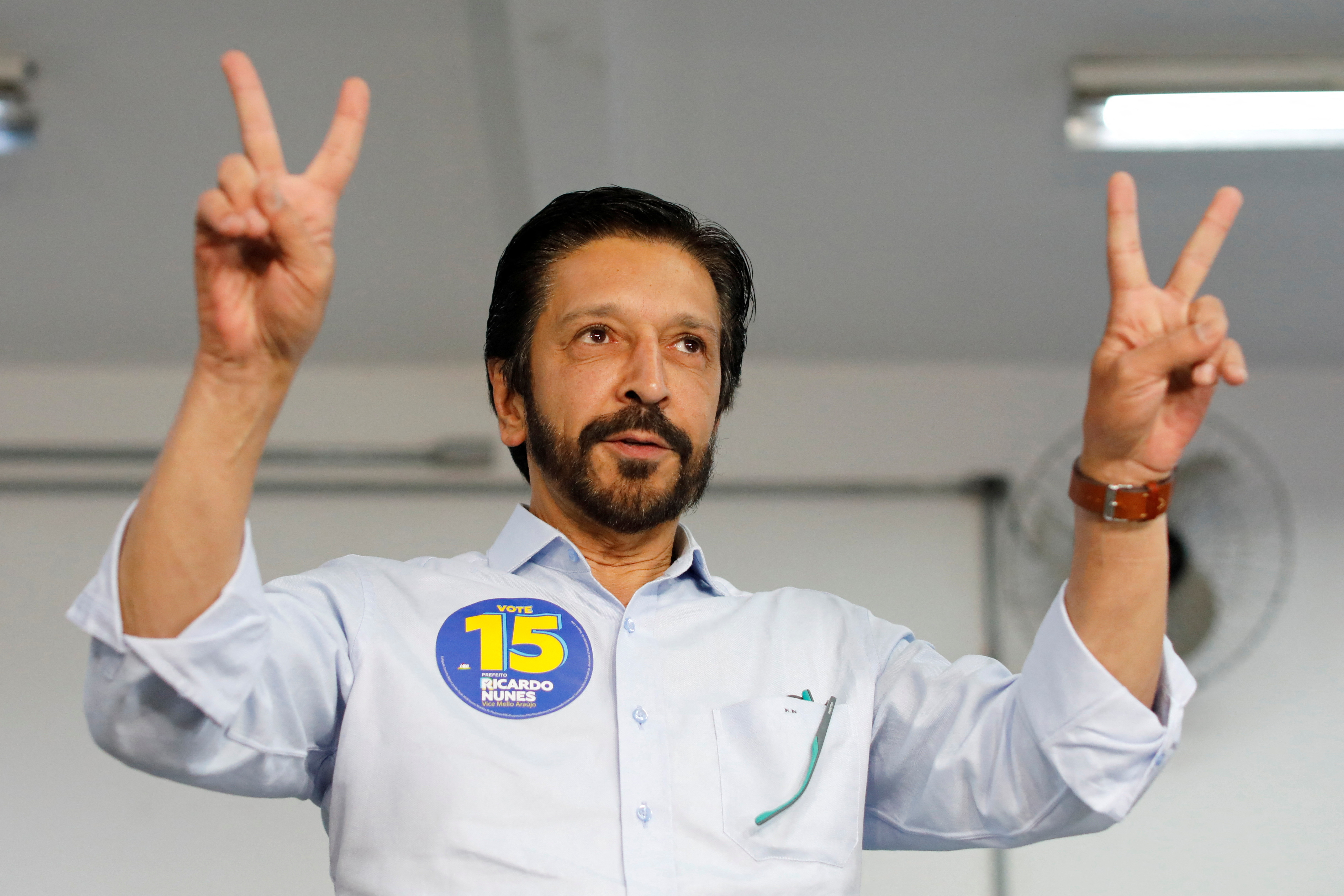 FILE PHOTO: Sao Paulo Center-right incumbent Mayor Ricardo Nunes gestures while voting at a polling station during the municipal elections in Sao Paulo