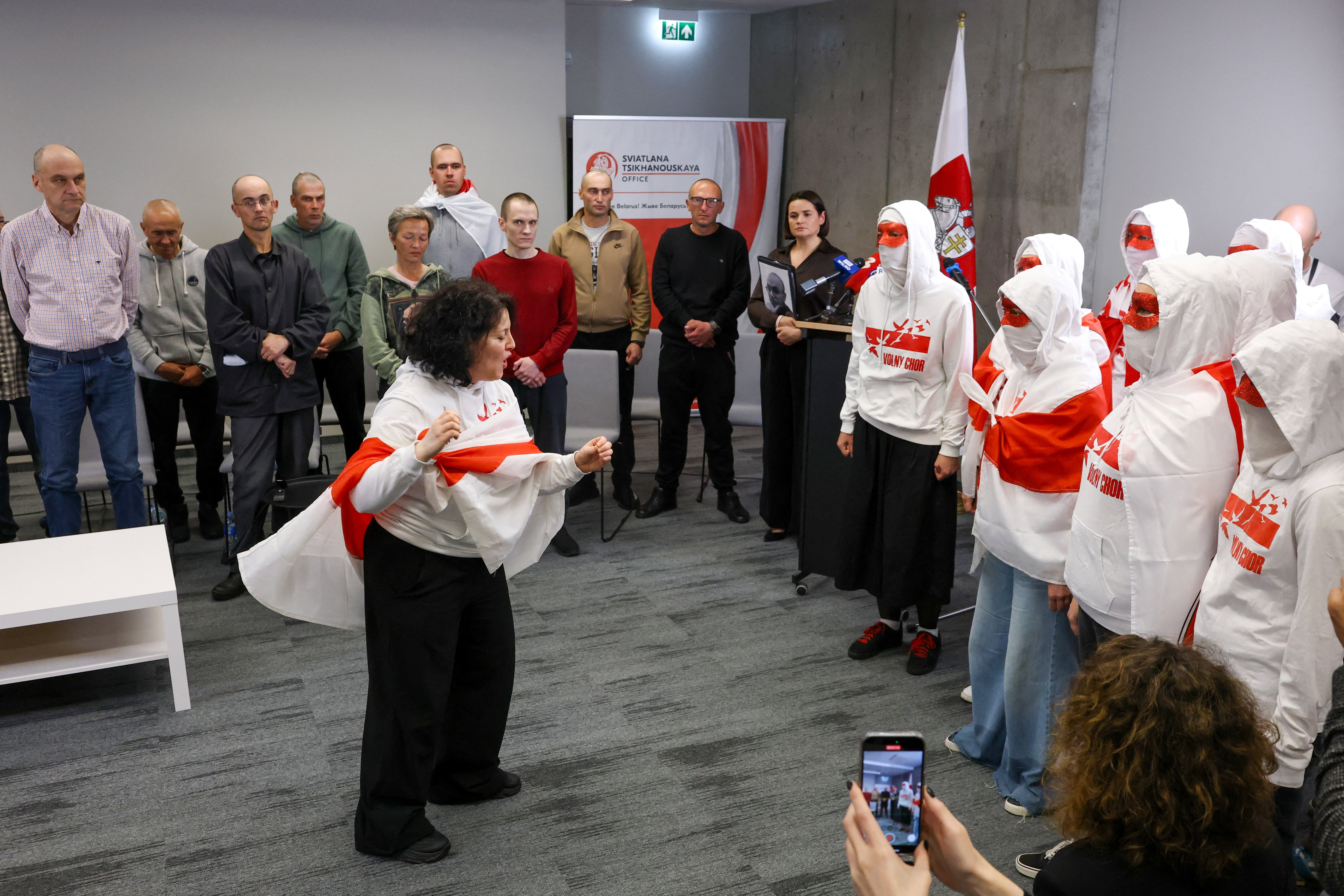 Prisoners released from Belarus attend a press conference a day after they were freed, in Vilnius