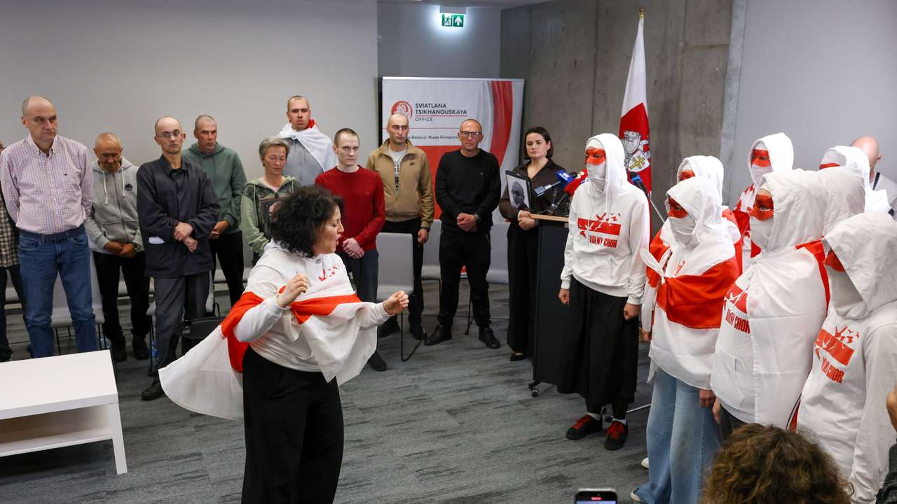 Prisoners released from Belarus attend a press conference a day after they were freed, in Vilnius