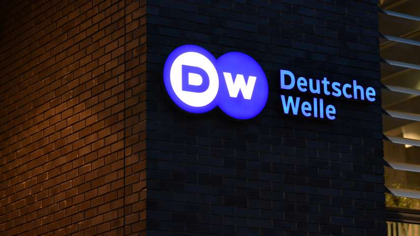 The logo of German international broadcaster Deutsche Welle is pictured in Berlin