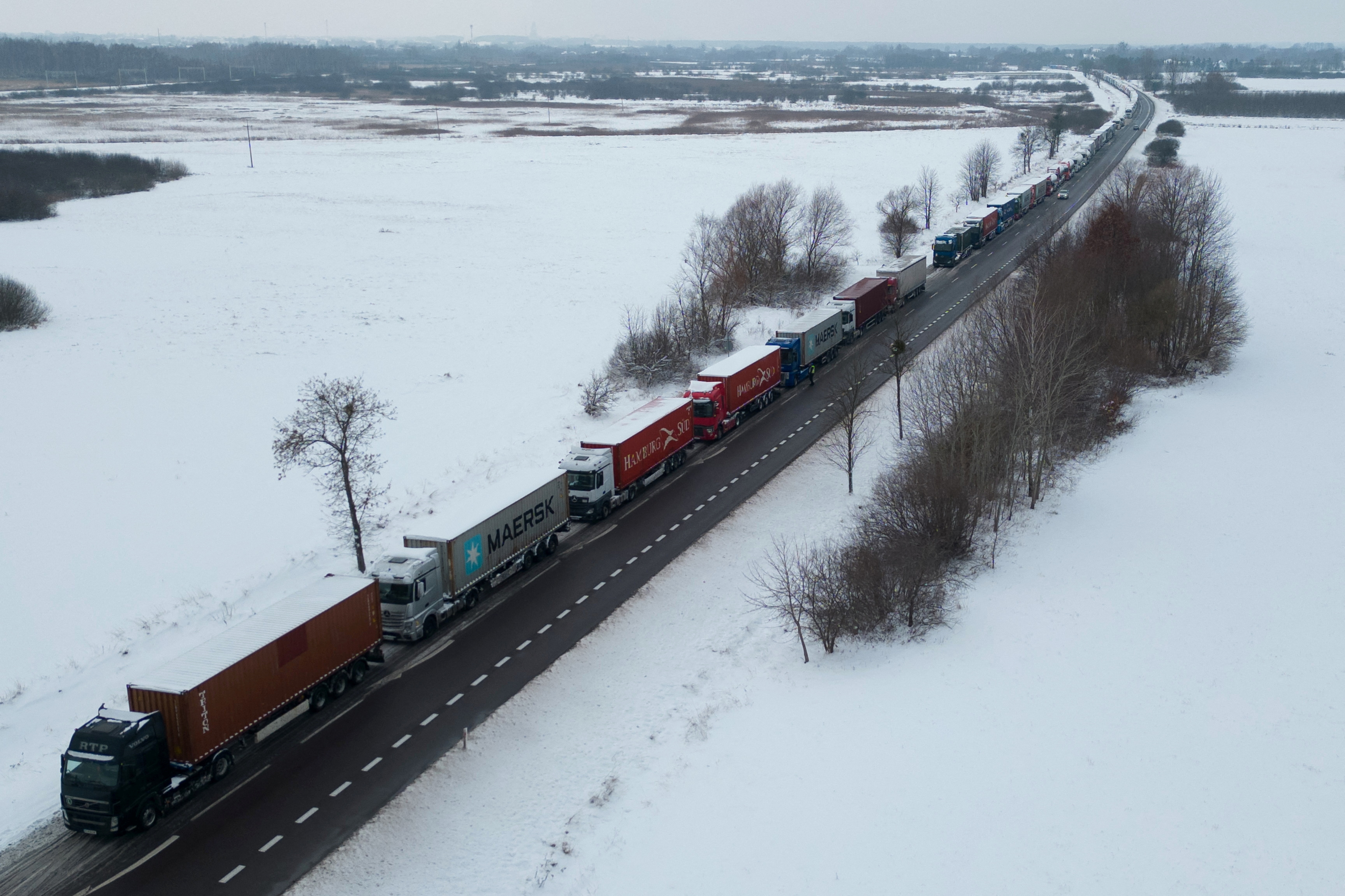 FILE PHOTO: Trucks stuck in queue border at crossing with Ukraine, as Polish truckers protest