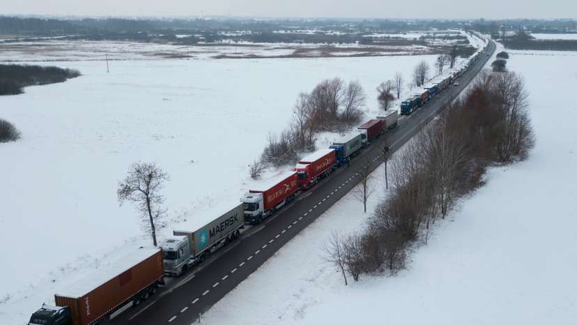 FILE PHOTO: Trucks stuck in queue border at crossing with Ukraine, as Polish truckers protest