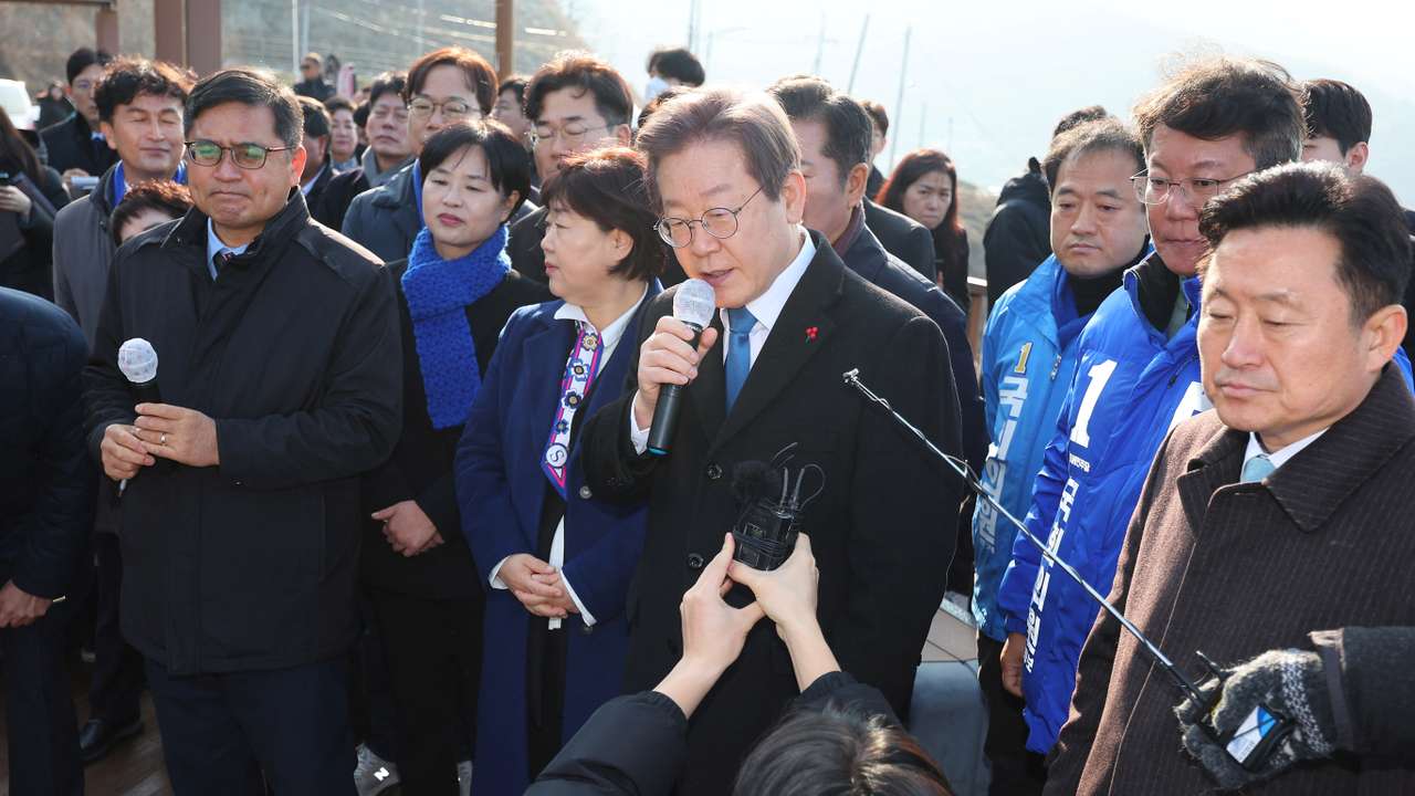South Korea's opposition party leader Lee Jae-myung speaks during his visit to Busan