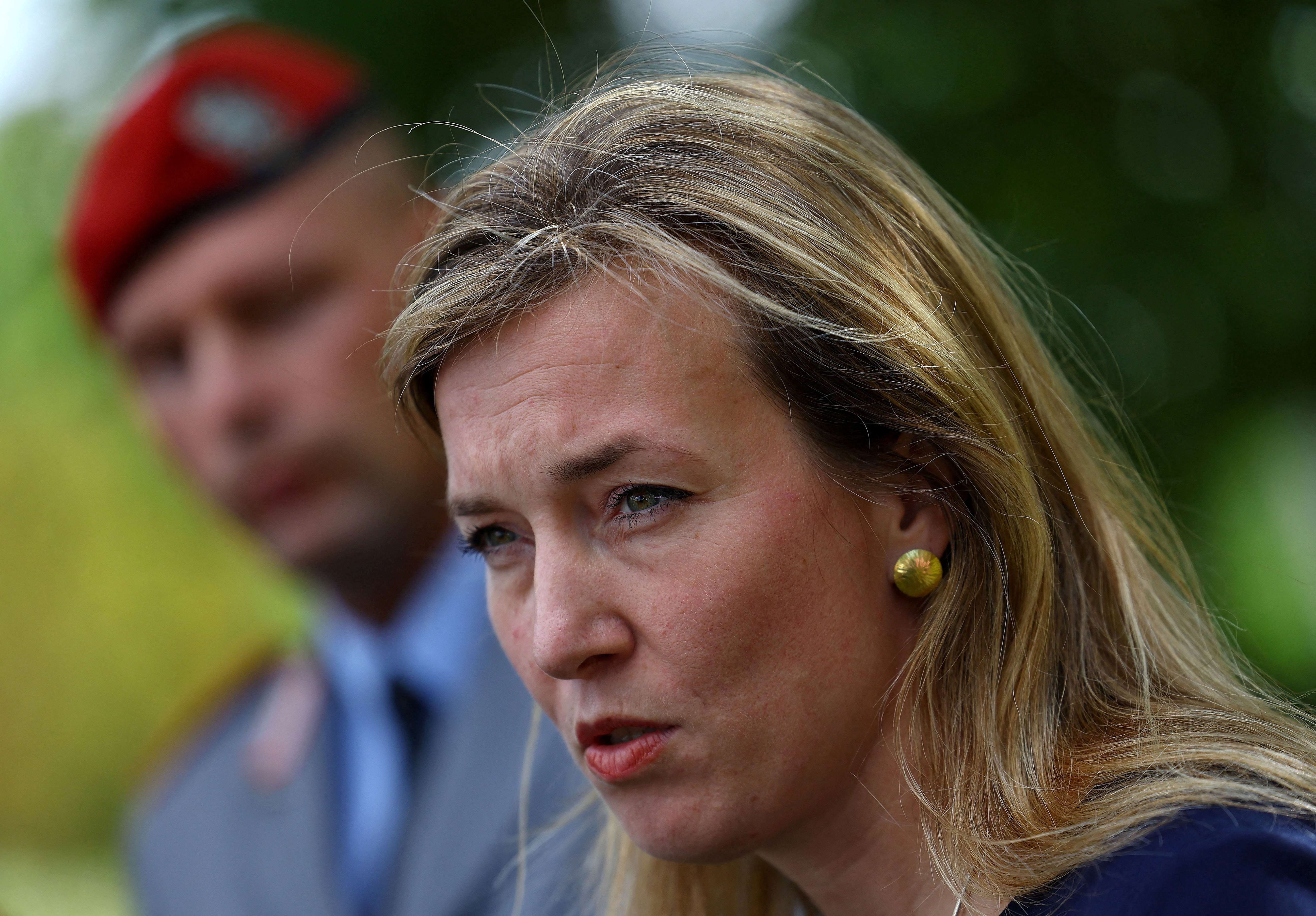 FILE PHOTO: Siemtje Moeller State Secretary at the German Ministry of Defence addresses the media in representation of sick Defense Minister Boris Pistorius during the Ukraine Contact Group at Ramstein airbase