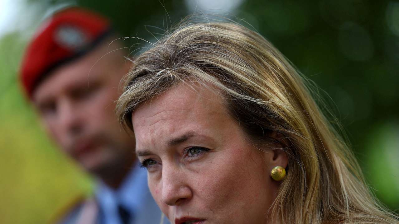 FILE PHOTO: Siemtje Moeller State Secretary at the German Ministry of Defence addresses the media in representation of sick Defense Minister Boris Pistorius during the Ukraine Contact Group at Ramstein airbase