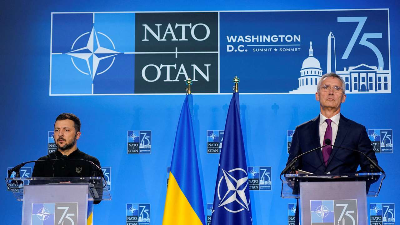FILE PHOTO: Ukraine's President Zelenskiy and NATO Secretary General Stoltenberg attend press conference, during NATO's 75th anniversary summit, in Washington