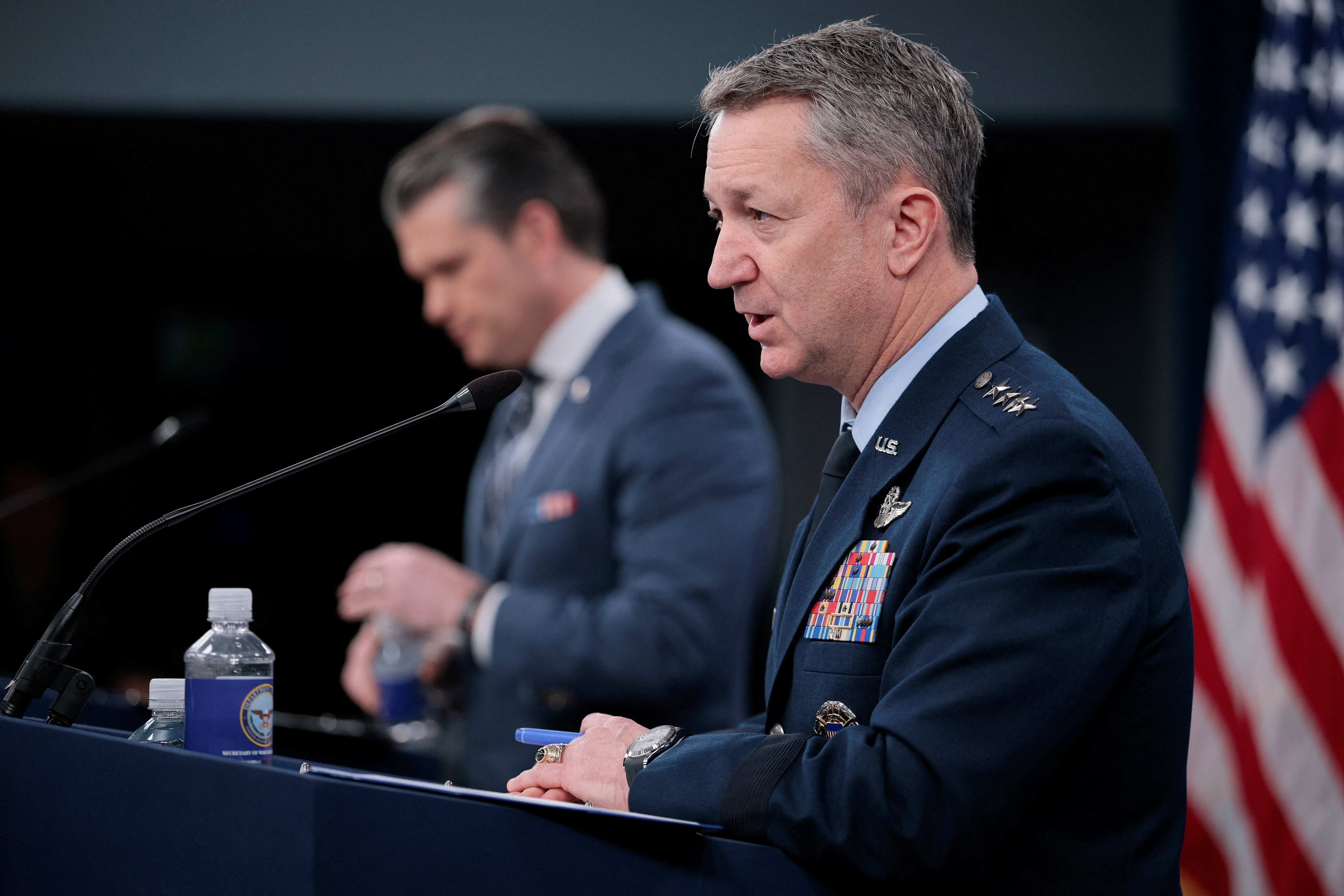 U.S. Secretary of Defense Pete Hegseth and Chairman of the Joint Chiefs of Staff General Dan Caine hold a briefing amid the U.S.-Israeli war on Iran, at the Pentagon
