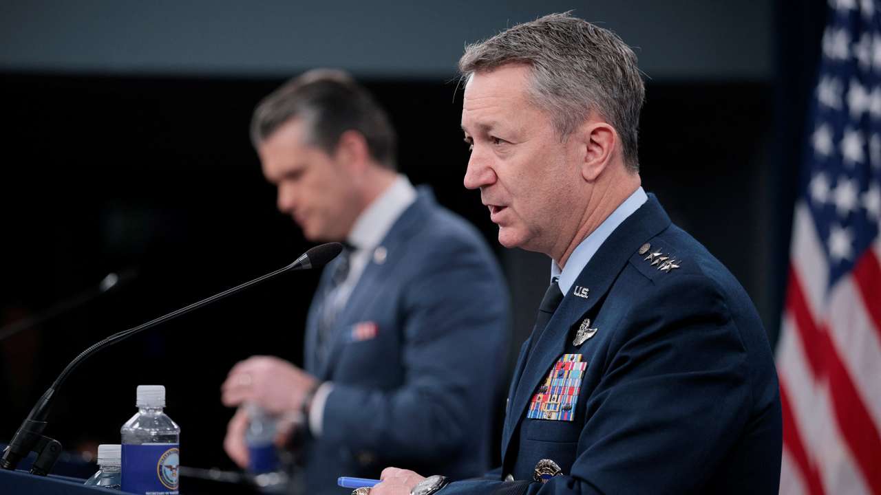 U.S. Secretary of Defense Pete Hegseth and Chairman of the Joint Chiefs of Staff General Dan Caine hold a briefing amid the U.S.-Israeli war on Iran, at the Pentagon