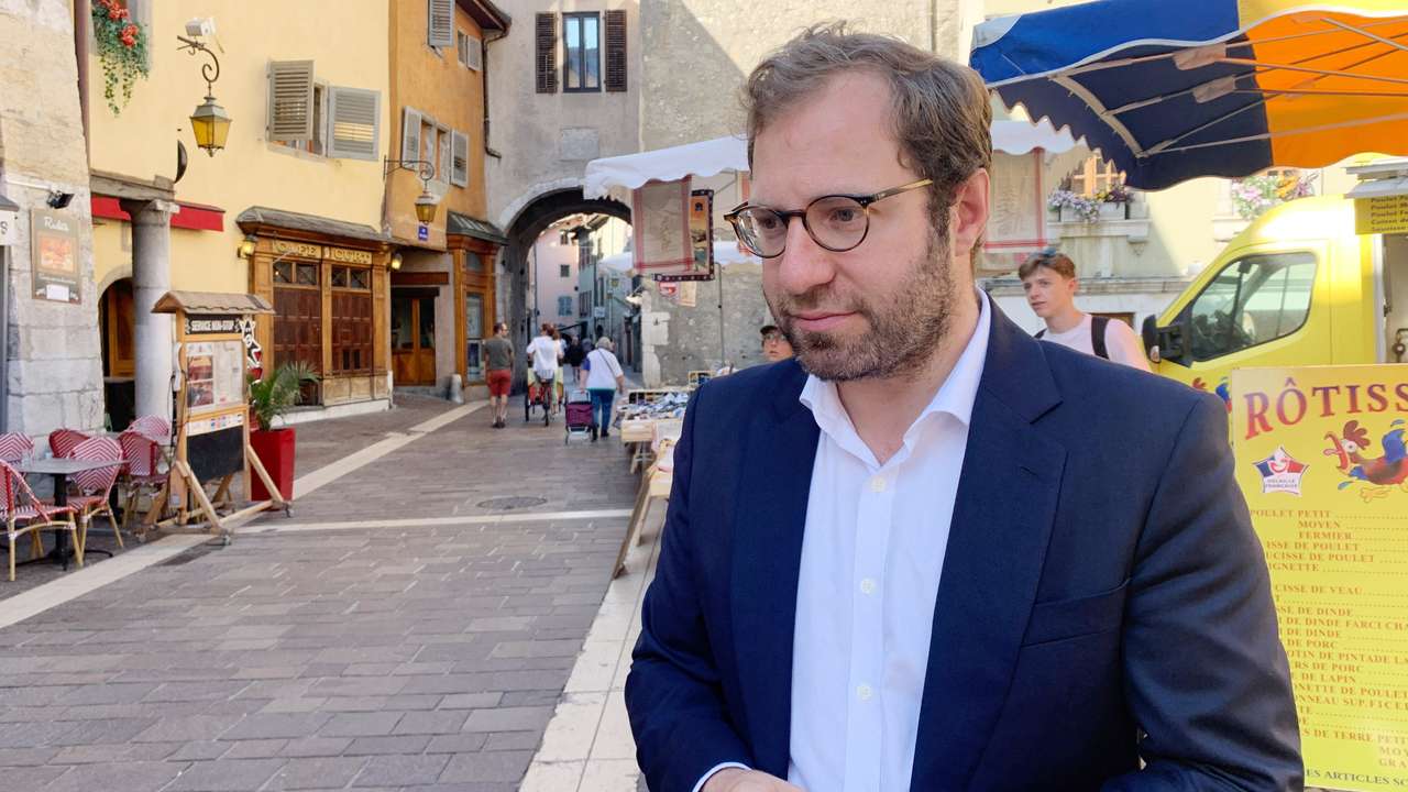 Armand, Renaissance candidate for the second constituency of Haute-Savoie, is seen during his campaign in Annecy