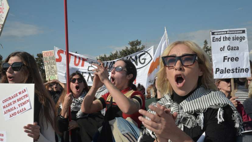 Protest at gates of RAF Akrotiri, British base on Cyprus used to launch strikes against Houthi militia in Yemen, near Limassol