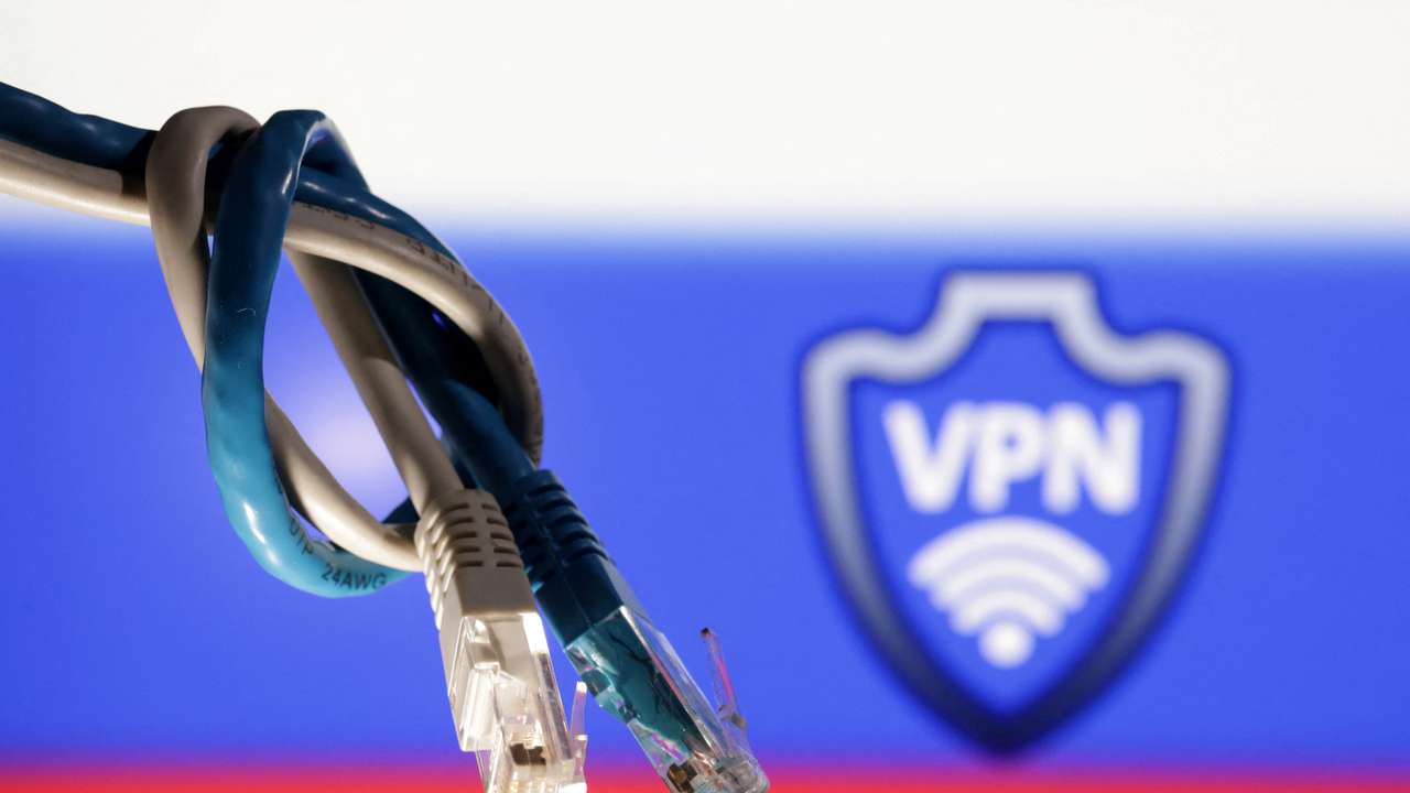 Illustration shows VPN sign and Russian flag