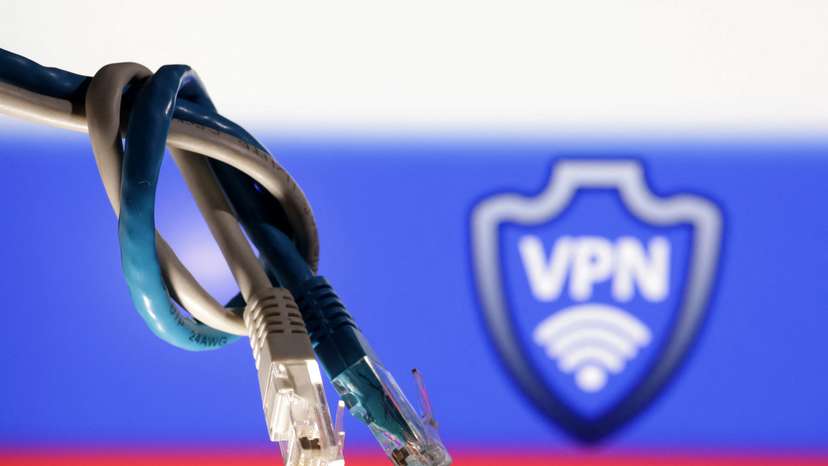 Illustration shows VPN sign and Russian flag