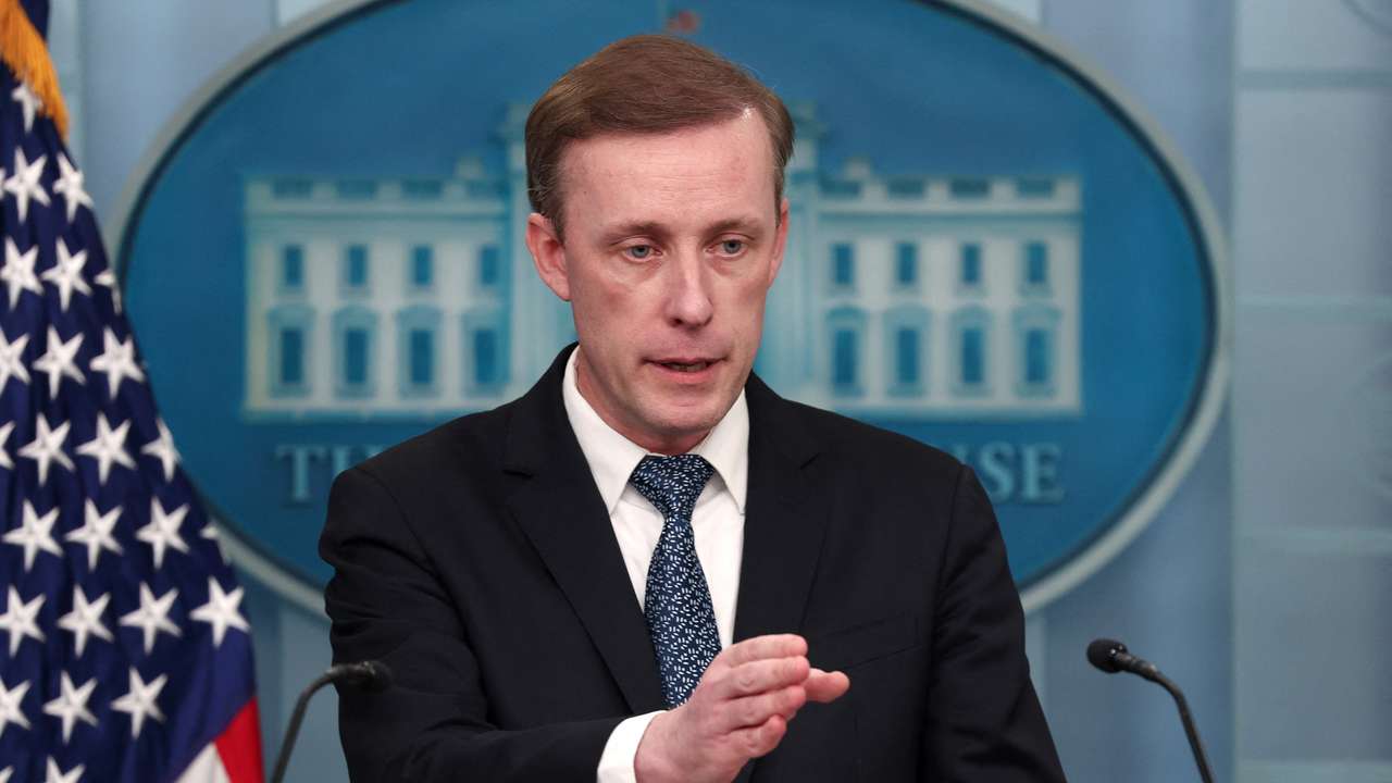 National Security Advisor Jake Sullivan speaks at a press briefing at the White House in Washington