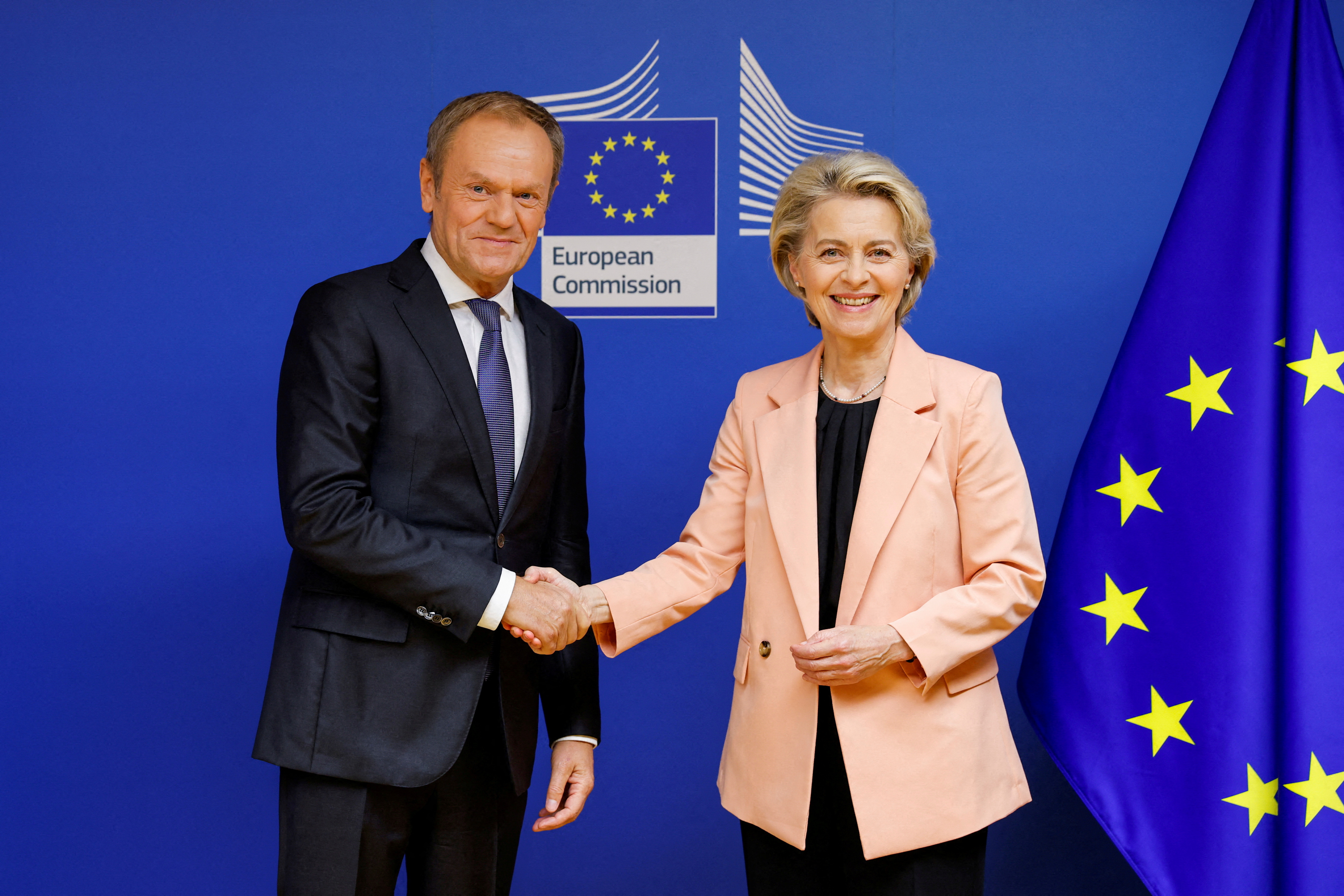 Polish politician Donald Tusk and European Commission President Ursula von der Leyen meet in Brussels