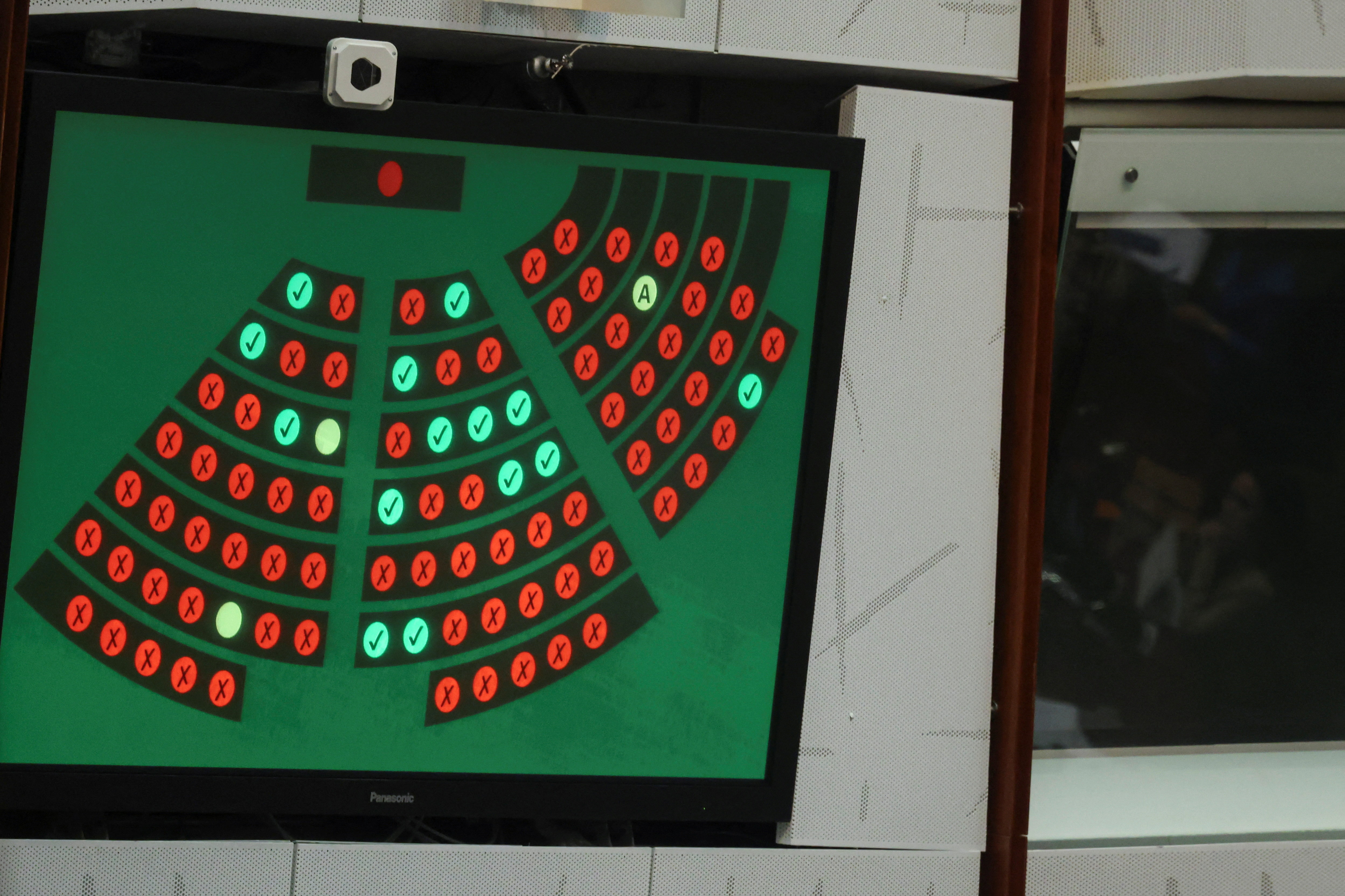 A screen displays the voting results rejecting the registration of same-sex partnerships bill, which would have allowed same-sex couples registered abroad to register locally, in the Legislative Council chamber in Hong Kong