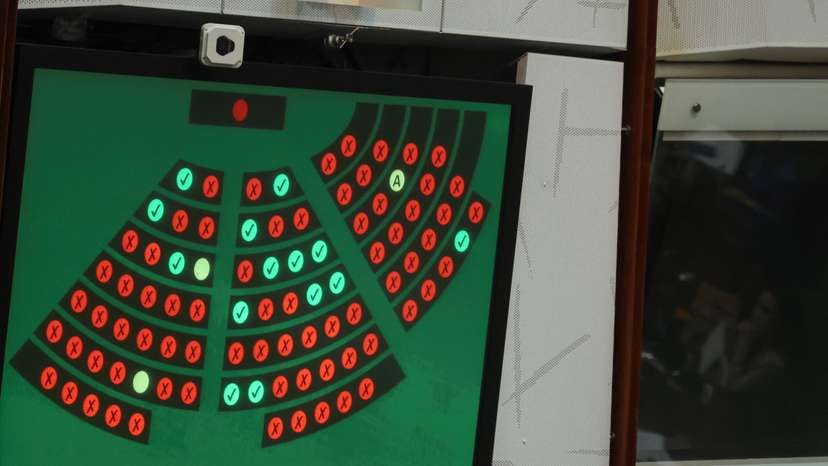 A screen displays the voting results rejecting the registration of same-sex partnerships bill, which would have allowed same-sex couples registered abroad to register locally, in the Legislative Council chamber in Hong Kong