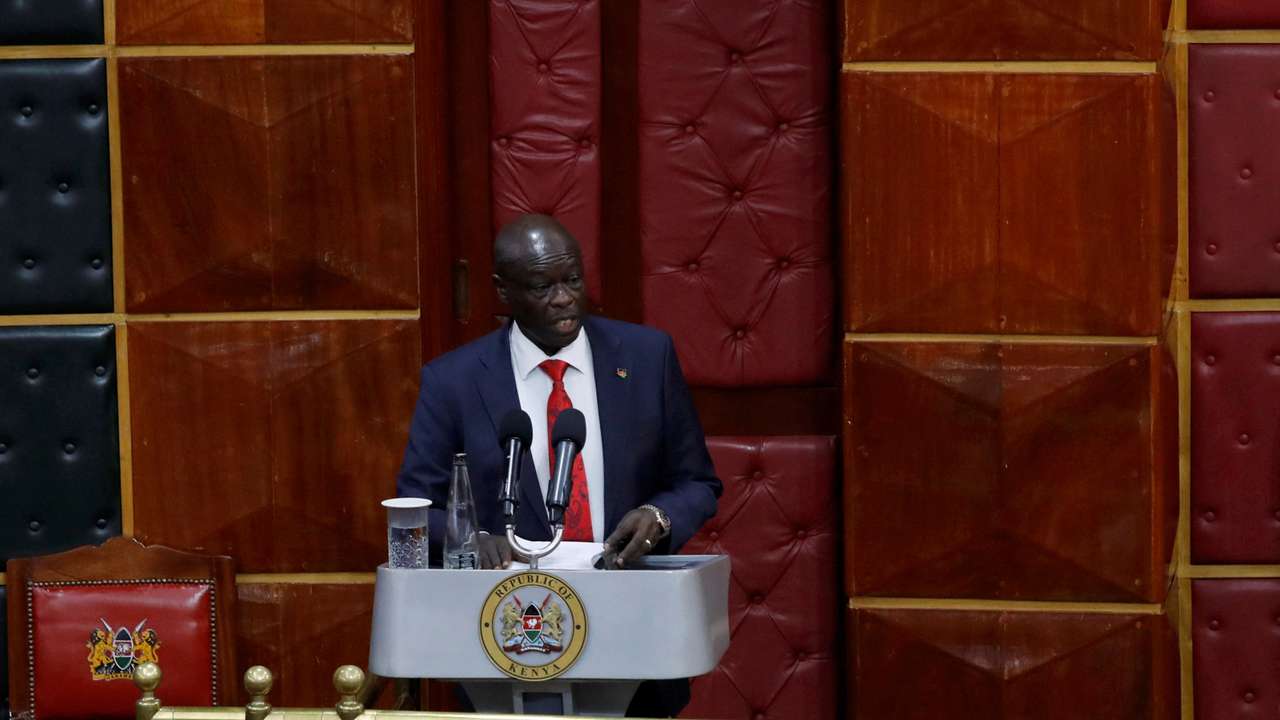 Kenya's Deputy President Rigathi Gachagua address legislators ahead of the lawmakers' vote over his impeachment motion at the Parliament buildings in Nairobi