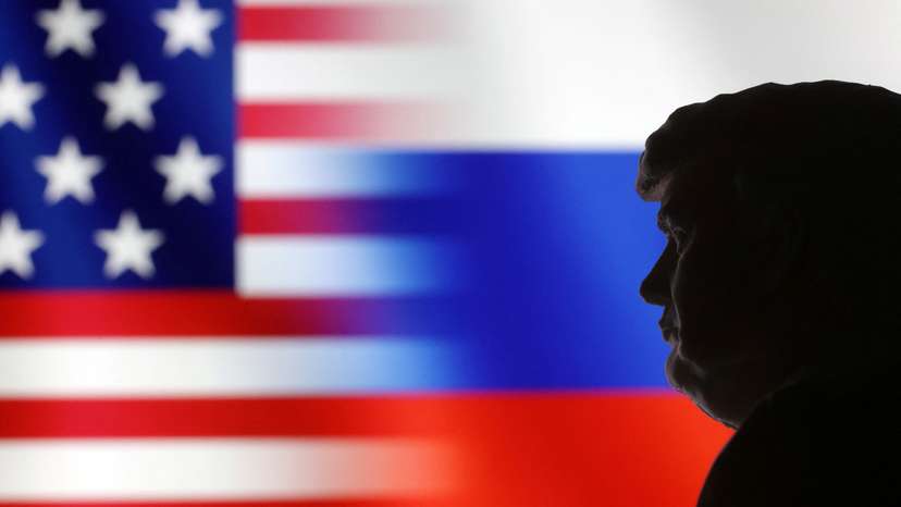 Illustration shows 3D-printed Donald Trump miniature model, and U.S. and Russian flags