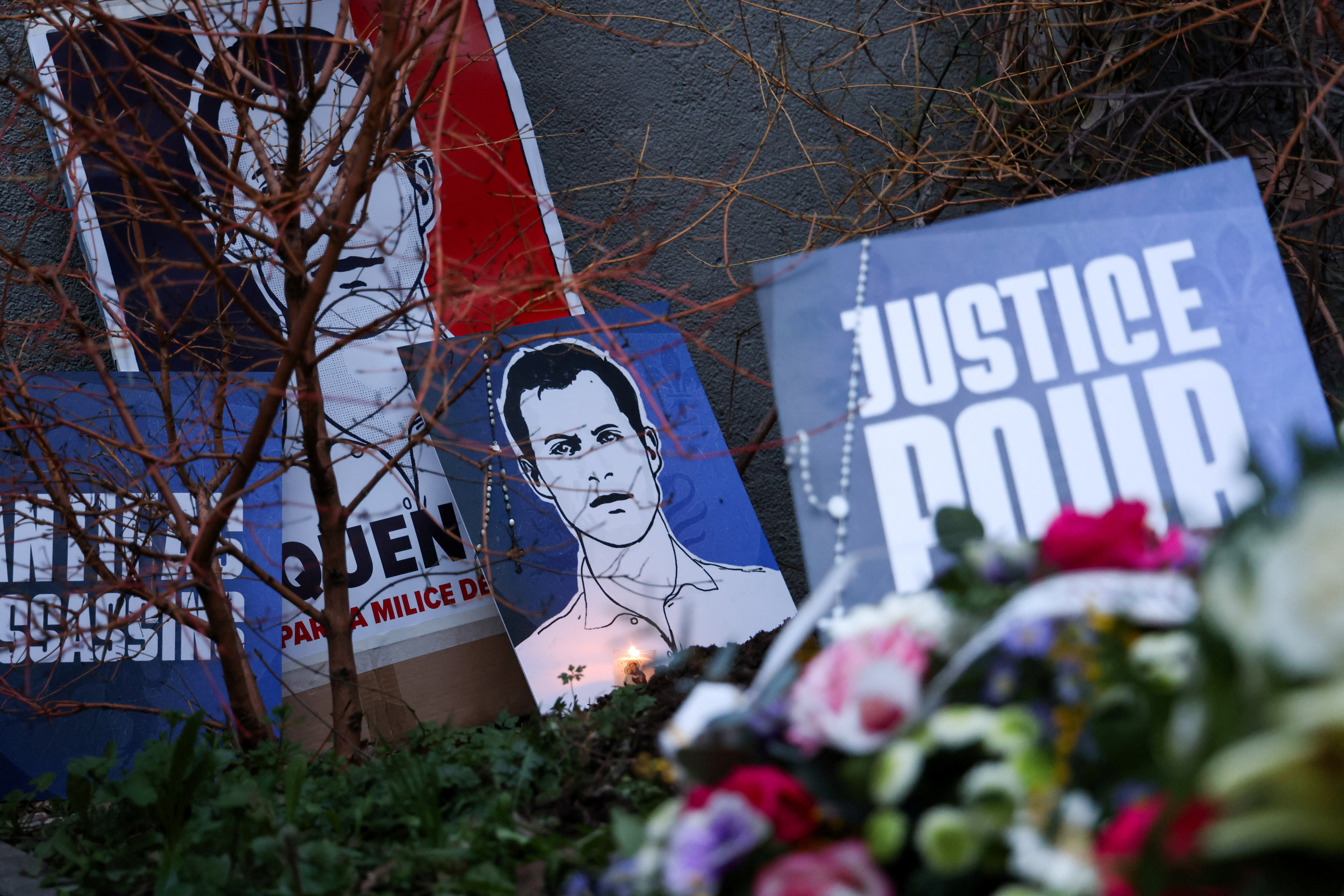 Makeshift memorial in tribute to Quentin Deranque at the site where the attack took place in Lyon