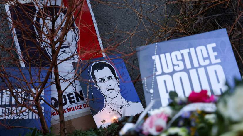 Makeshift memorial in tribute to Quentin Deranque at the site where the attack took place in Lyon