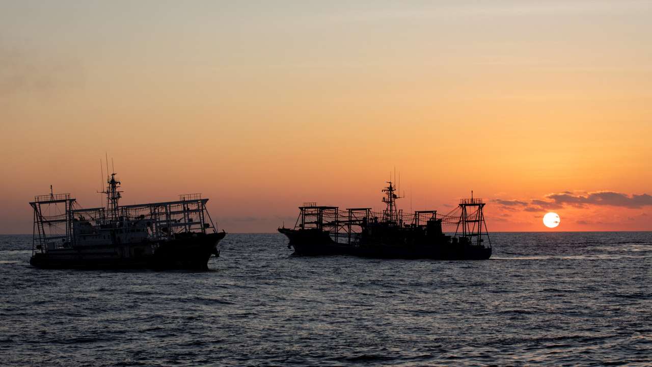 Chinese Maritime Militia vessels are pictured near the Second Thomas Shoal in the South China Sea