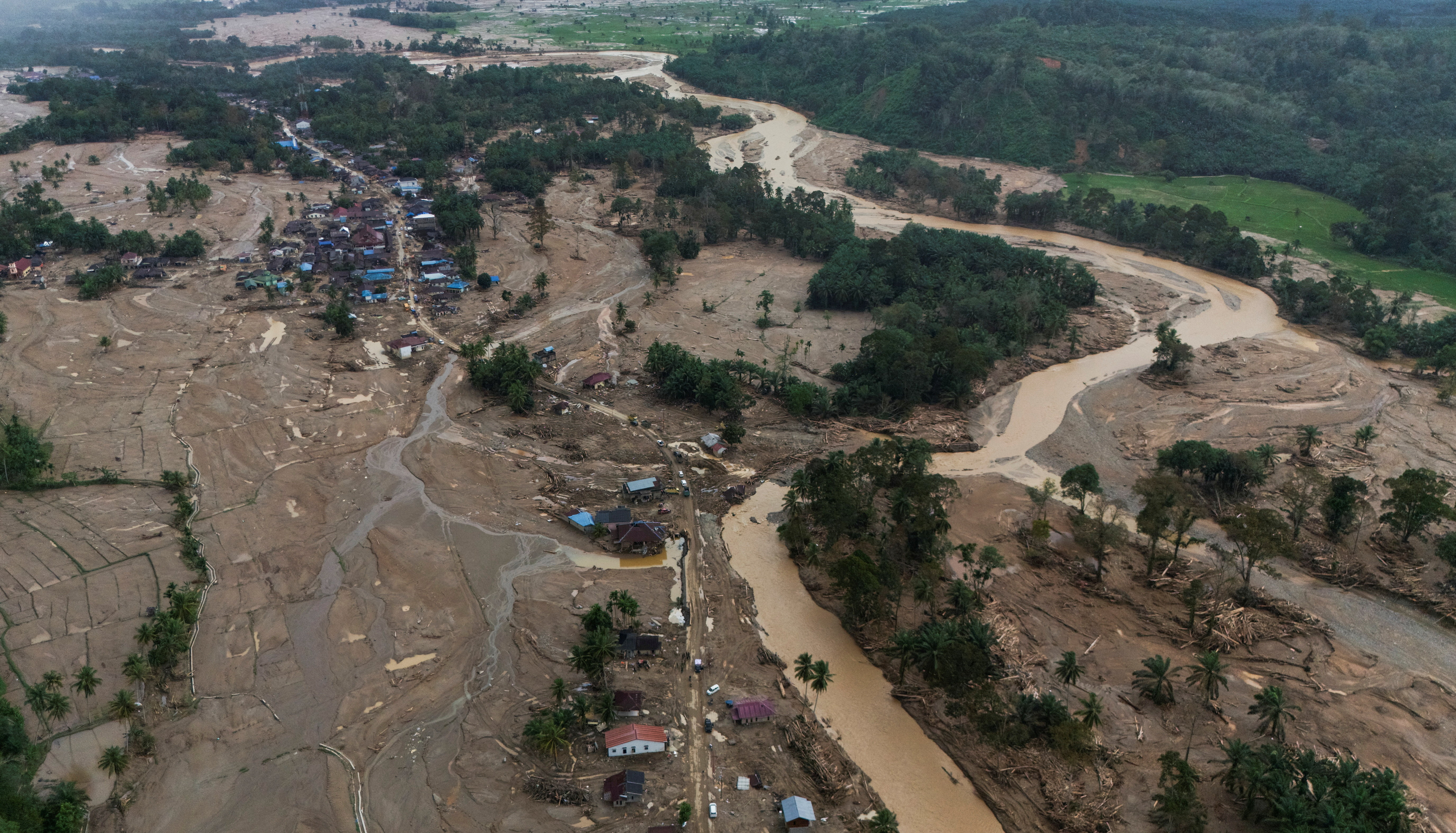 A drone view shows devastated area following deadly flash flood in Batang Toru, North Sumatra province