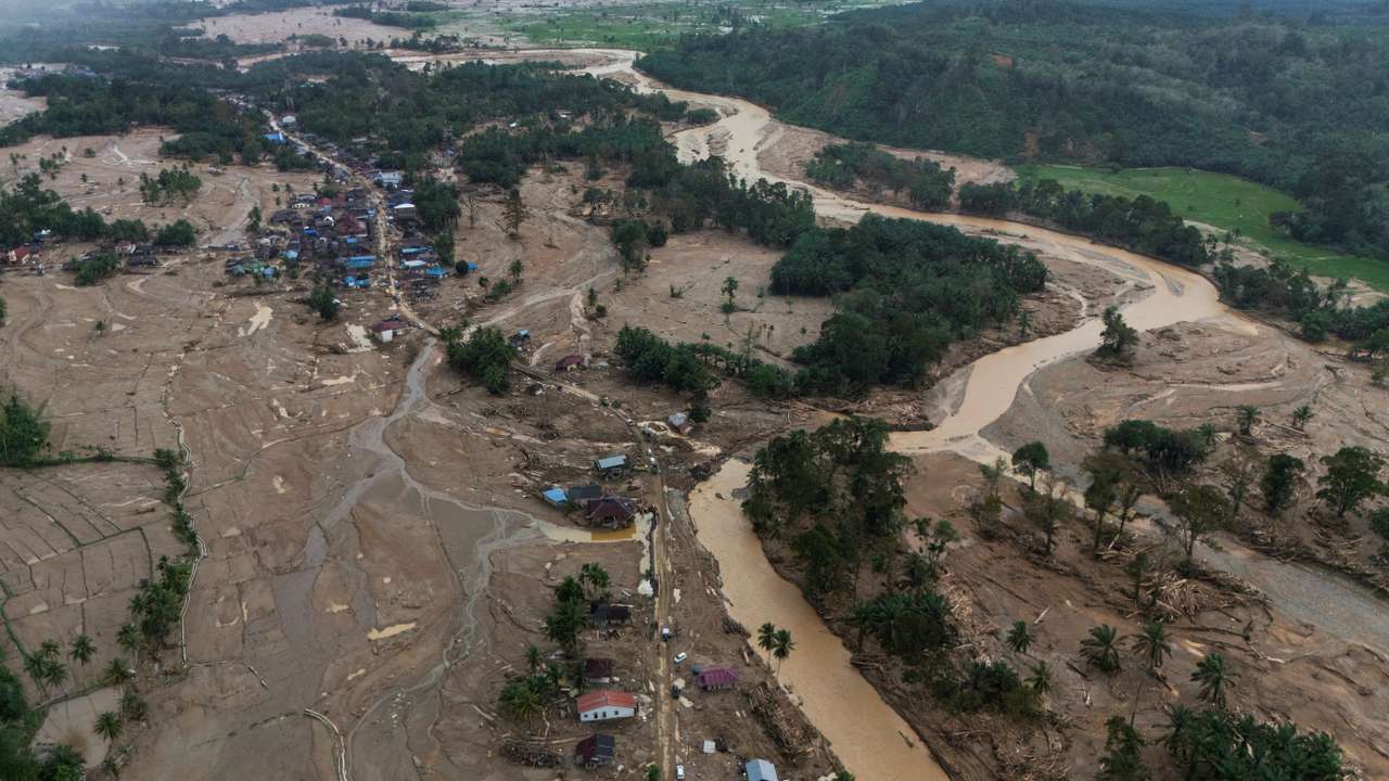 A drone view shows devastated area following deadly flash flood in Batang Toru, North Sumatra province