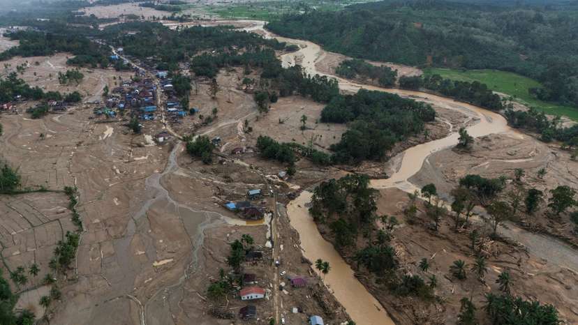 A drone view shows devastated area following deadly flash flood in Batang Toru, North Sumatra province