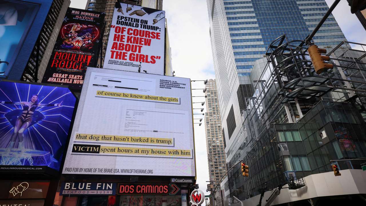A billboard in Times Square sponsored by the group 'Home of the Brave' displays comments by Jeffrey Epstein about Donald Trump, in New York