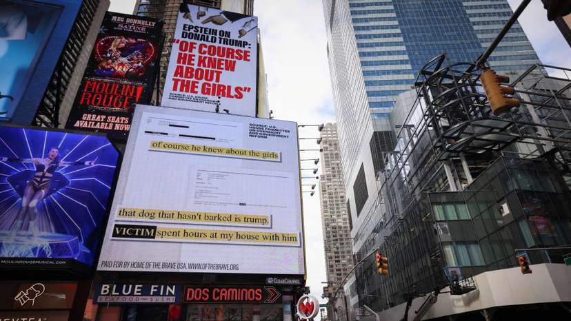 A billboard in Times Square sponsored by the group 'Home of the Brave' displays comments by Jeffrey Epstein about Donald Trump, in New York
