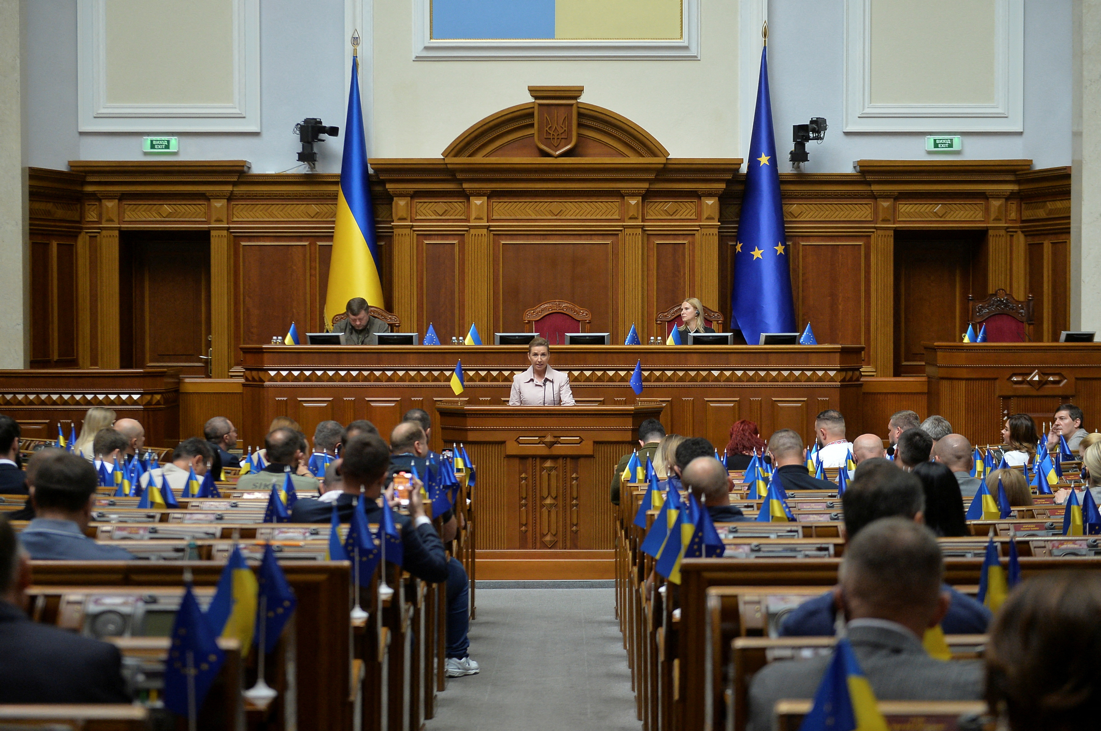 FILE PHOTO: Danish Prime Minister Frederiksen addresses Ukrainian lawmakers during a parliament session in Kyiv