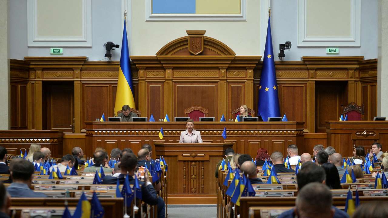 FILE PHOTO: Danish Prime Minister Frederiksen addresses Ukrainian lawmakers during a parliament session in Kyiv