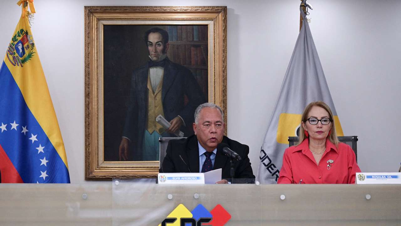 President of Venezuela's National Electoral Council (CNE) Amoroso holds a briefing on the presidential election, in Caracas