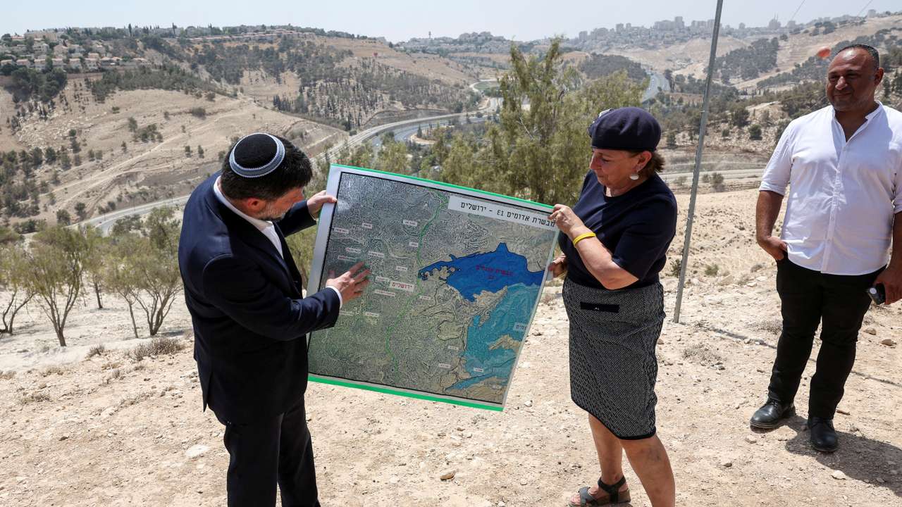 FILE PHOTO: Israeli Finance Minister Smotrich speaks at a press conference regarding settlements expansion, near the Israeli settlement of Maale Adumim