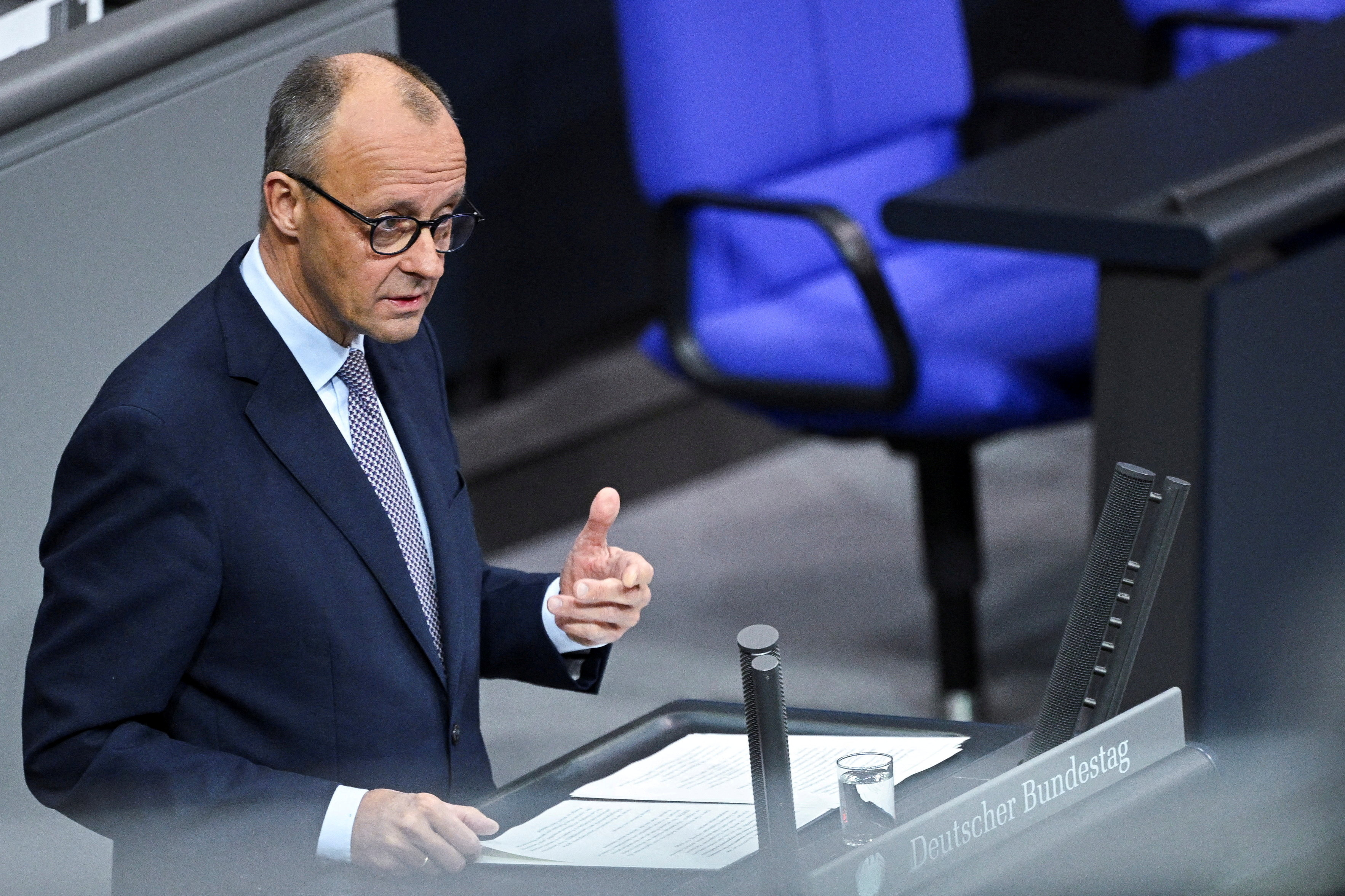 FILE PHOTO: German Chancellor Merz addresses parliament on upcoming EU summit