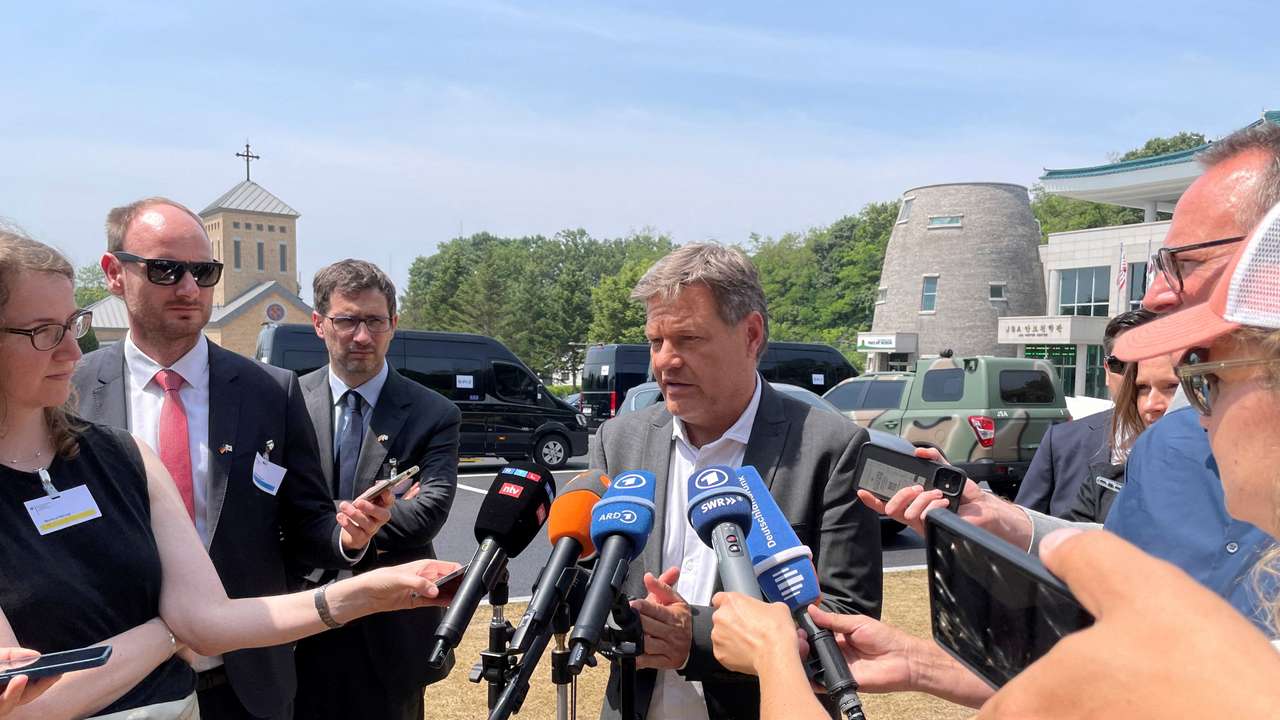 German Vice Chancellor and Economy Minister Robert Habeck speaks to reporters in Paju