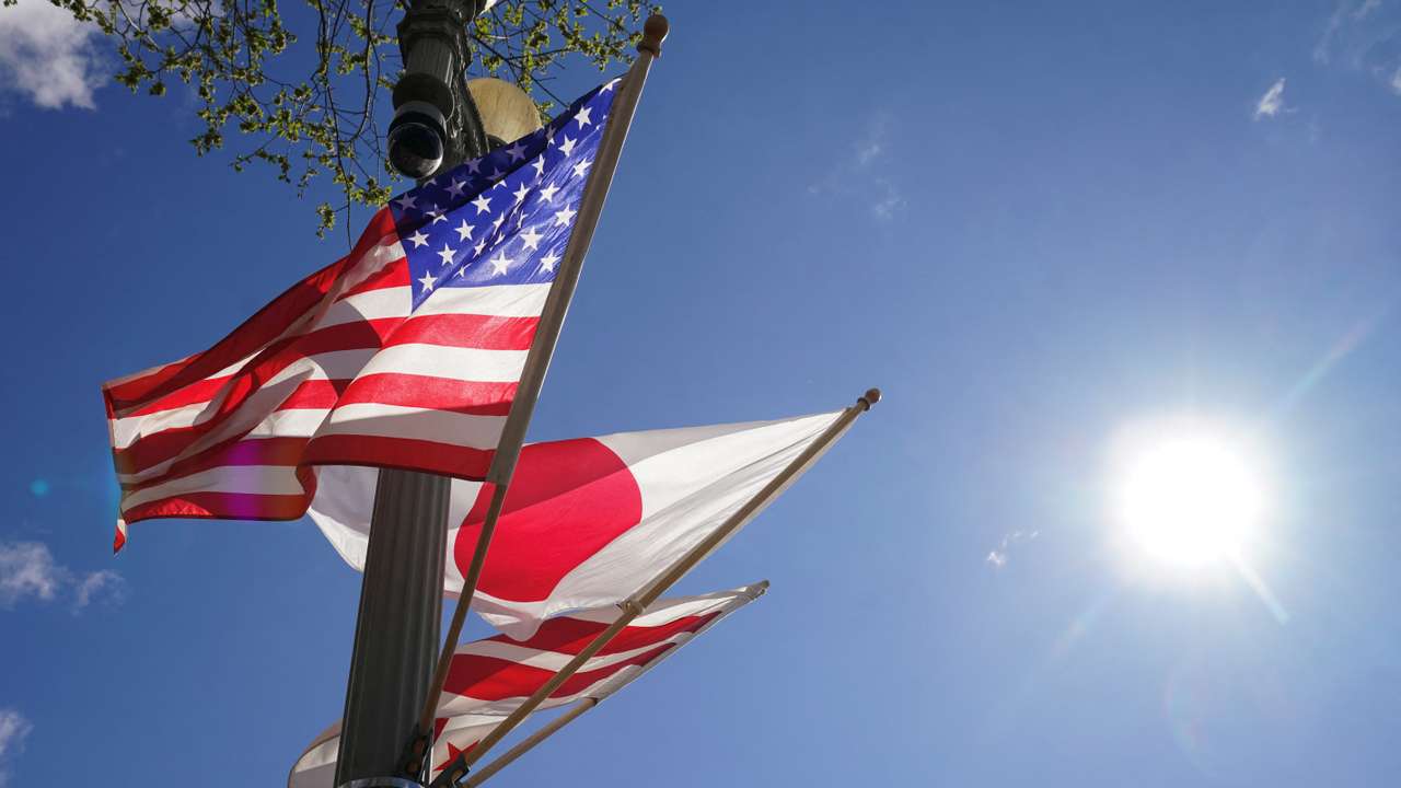 FILE PHOTO: Japanese and U.S. flags at the White House in Washington