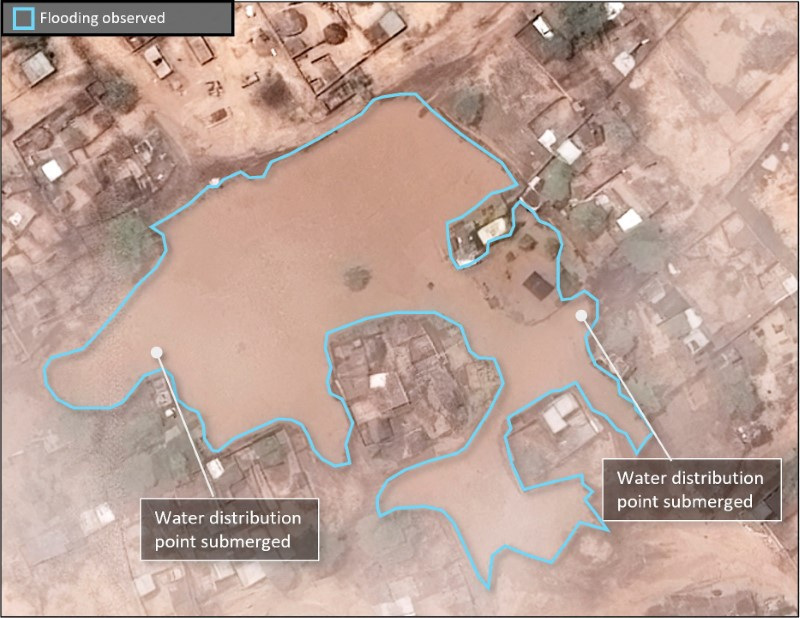 FILE PHOTO: Satellite image shows water distribution points inundated by floodwaters in the Zamzam camp in Sudan